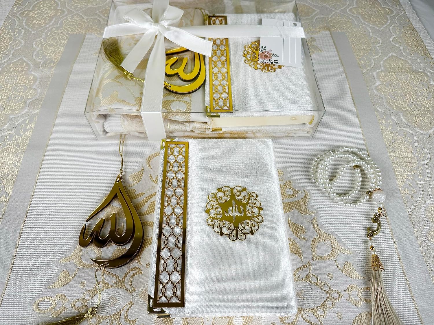 SAIKA Juego de alfombras de oración con tarjeta de agradecimiento, alfombra de oración del Corán árabe, cuentas y colgador de automóvil, Ramadán