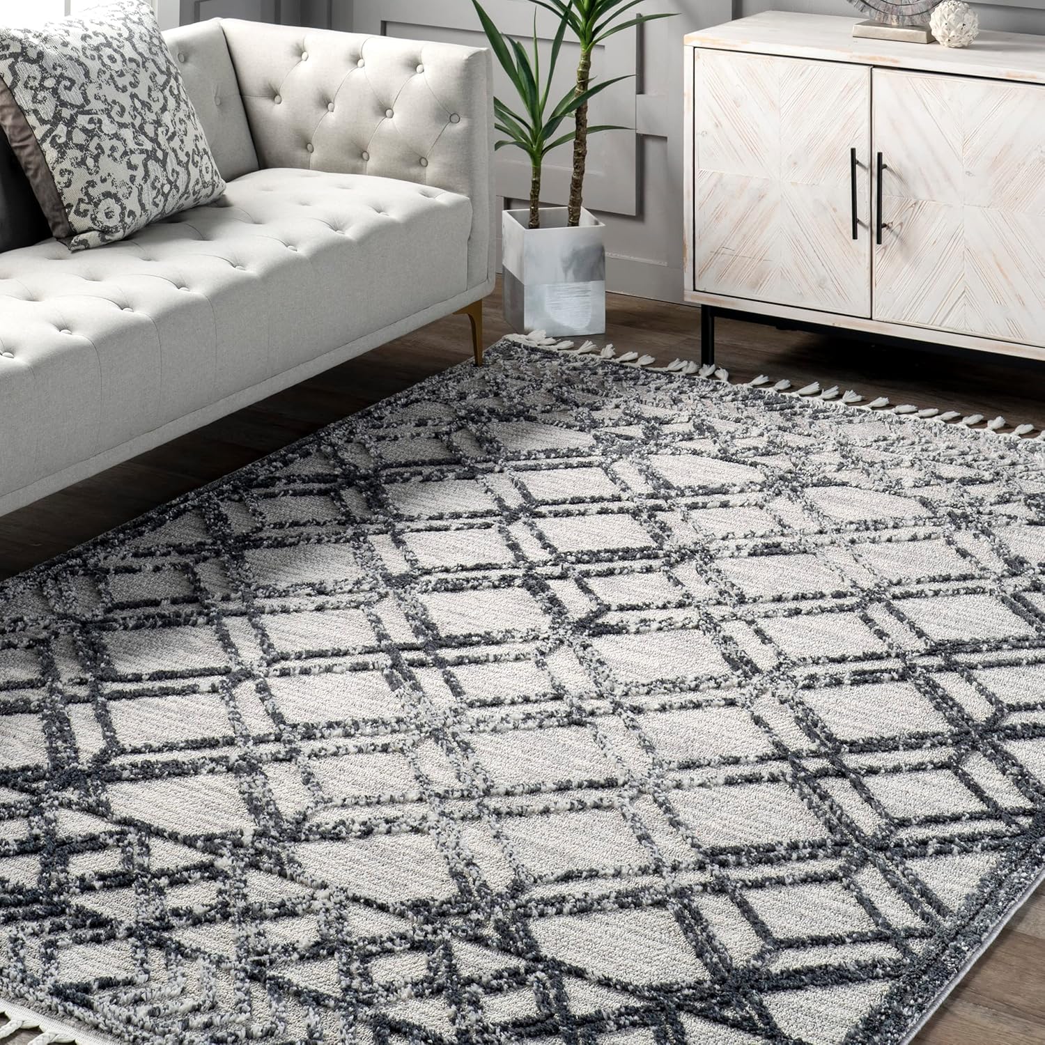 nuLOOM Ansley – Alfombra marroquí de celosía con borlas para sala de estar, guardería, habitación de los niños, dormitorio, geométrico, acogedor,