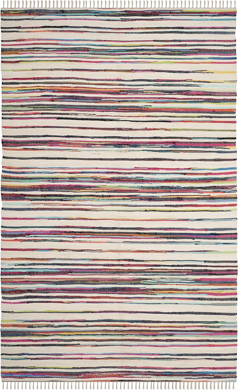 SAFAVIEH Rag Rug Collection – Alfombra de área de 5 x 8 pies, color marfil y multicolor, hecha a mano, de algodón a rayas, ideal para zonas de alto