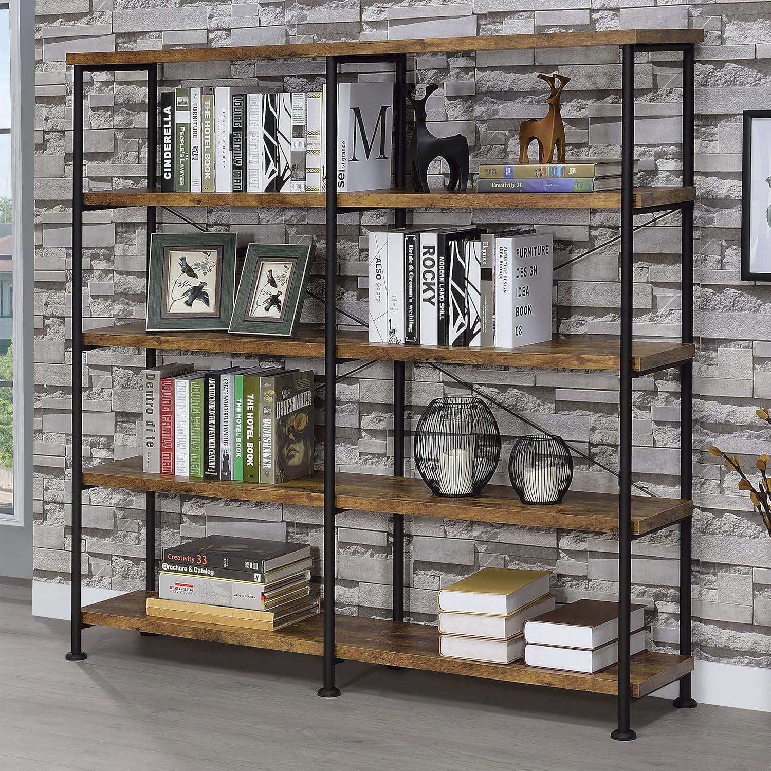 Coaster Analiese Rustic Industrial – Estantería doble de madera con 4 estantes y marco de metal negro, nuez moscada marrón