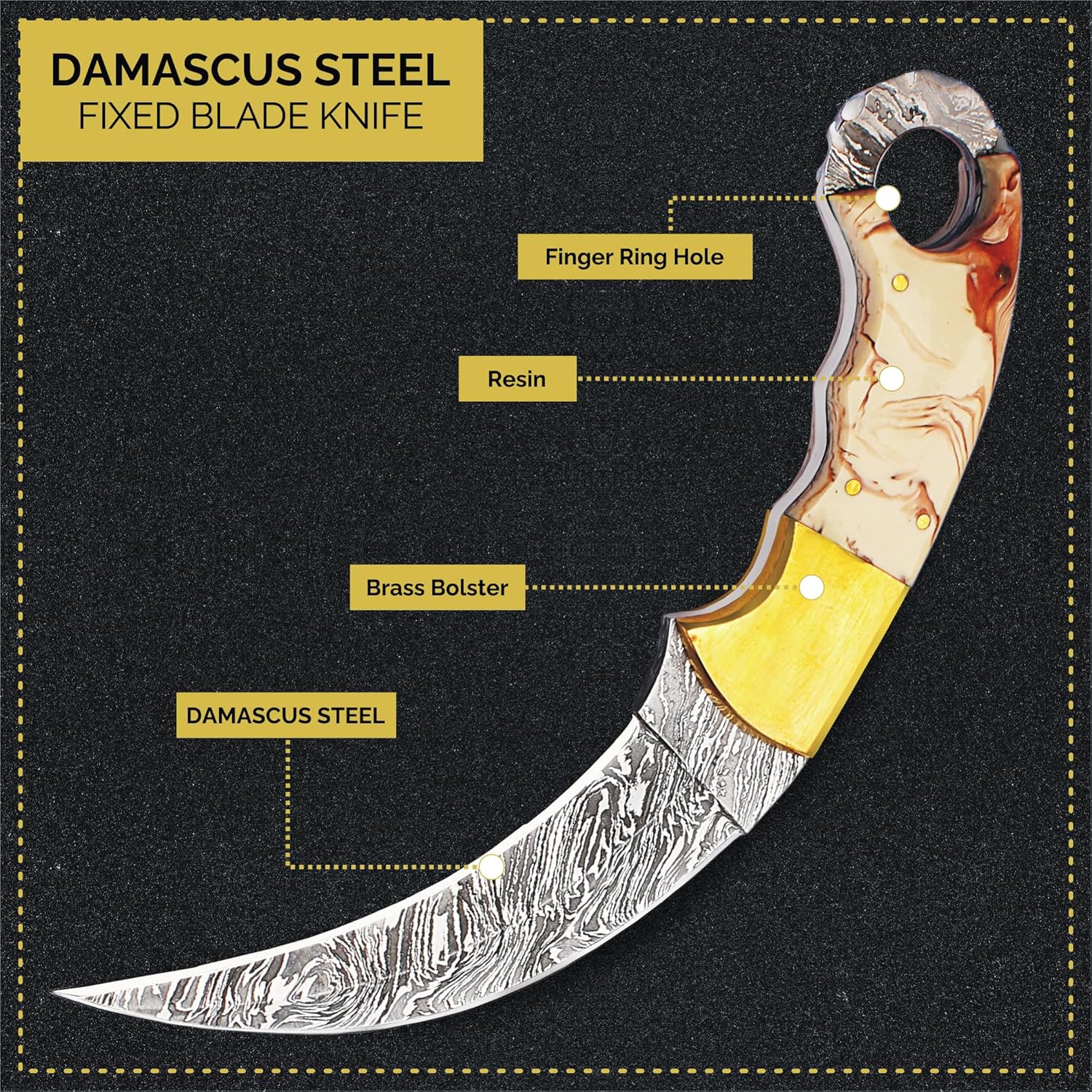 Cuchillo de caza de acero de Damasco con funda, hecho a mano, 9 pulgadas, cuchillo de hoja fija EDC para hombres y mujeres, cuchillo de