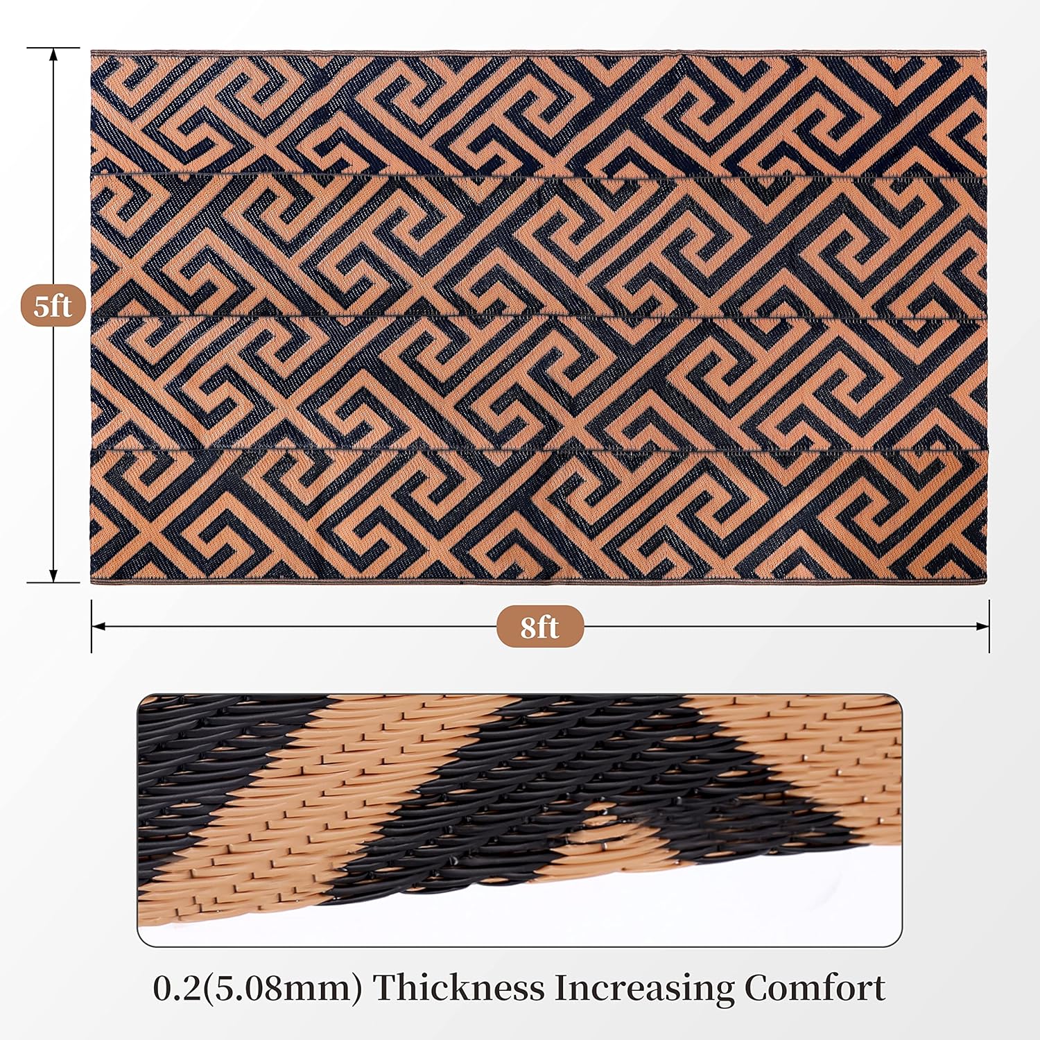 Alfombras reversibles de plástico para patio, 5 x 8 pies, ligeras, en forma de I, para patio, pajilla, campamento de caravana, playa y picnic (negro