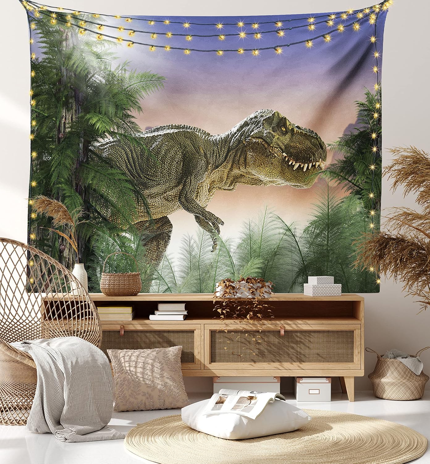 Ambesonne Tapiz jurásico, dinosaurio en la selva, bosque, naturaleza, bosque, violencia depredadora aterradora, colgante de pared ancho para