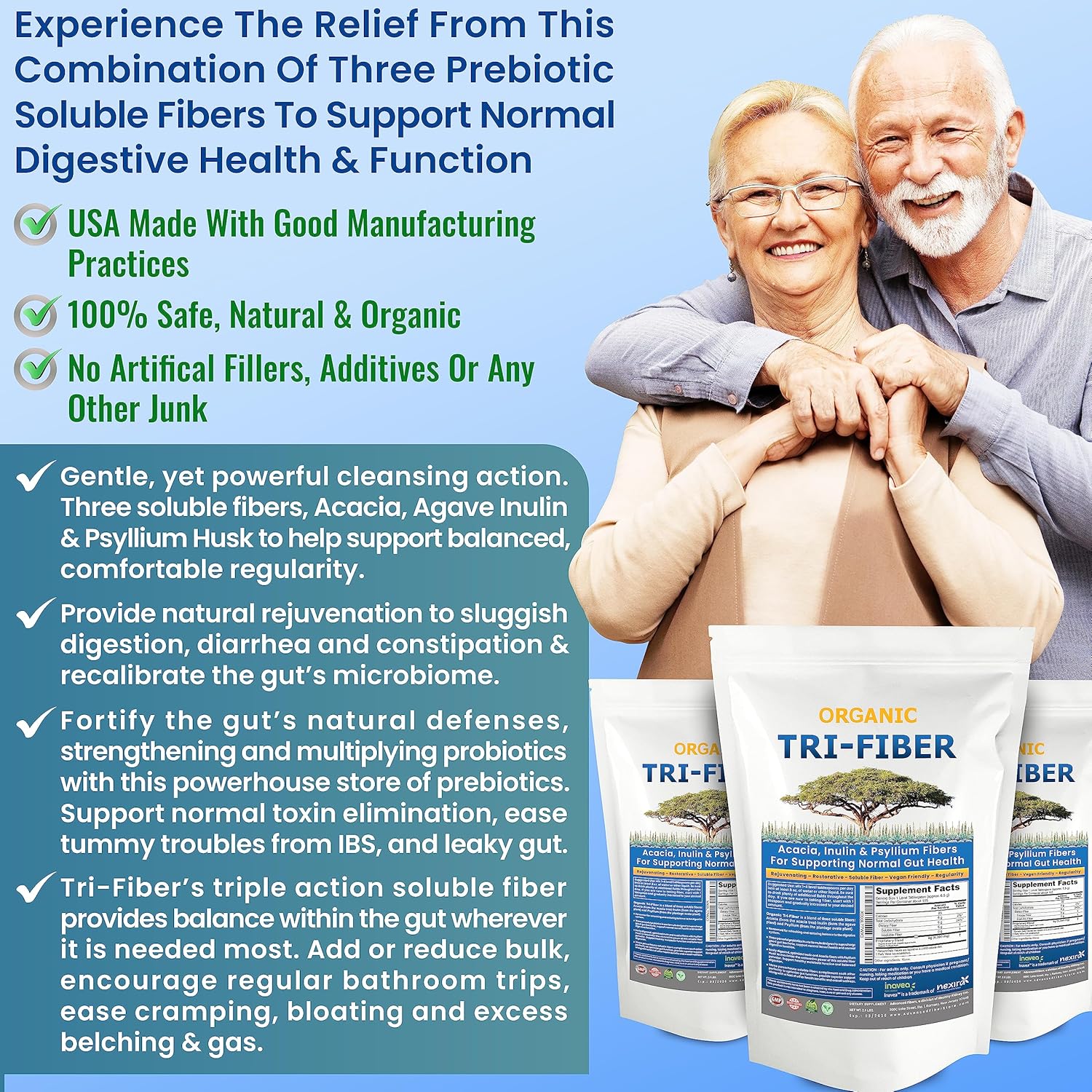 Kidney Restore Polvo de fibra soluble orgánica de triple fibra, suplemento de fibra soluble 3 en 1 sin sabor para apoyo digestivo. Fibra dietética 1