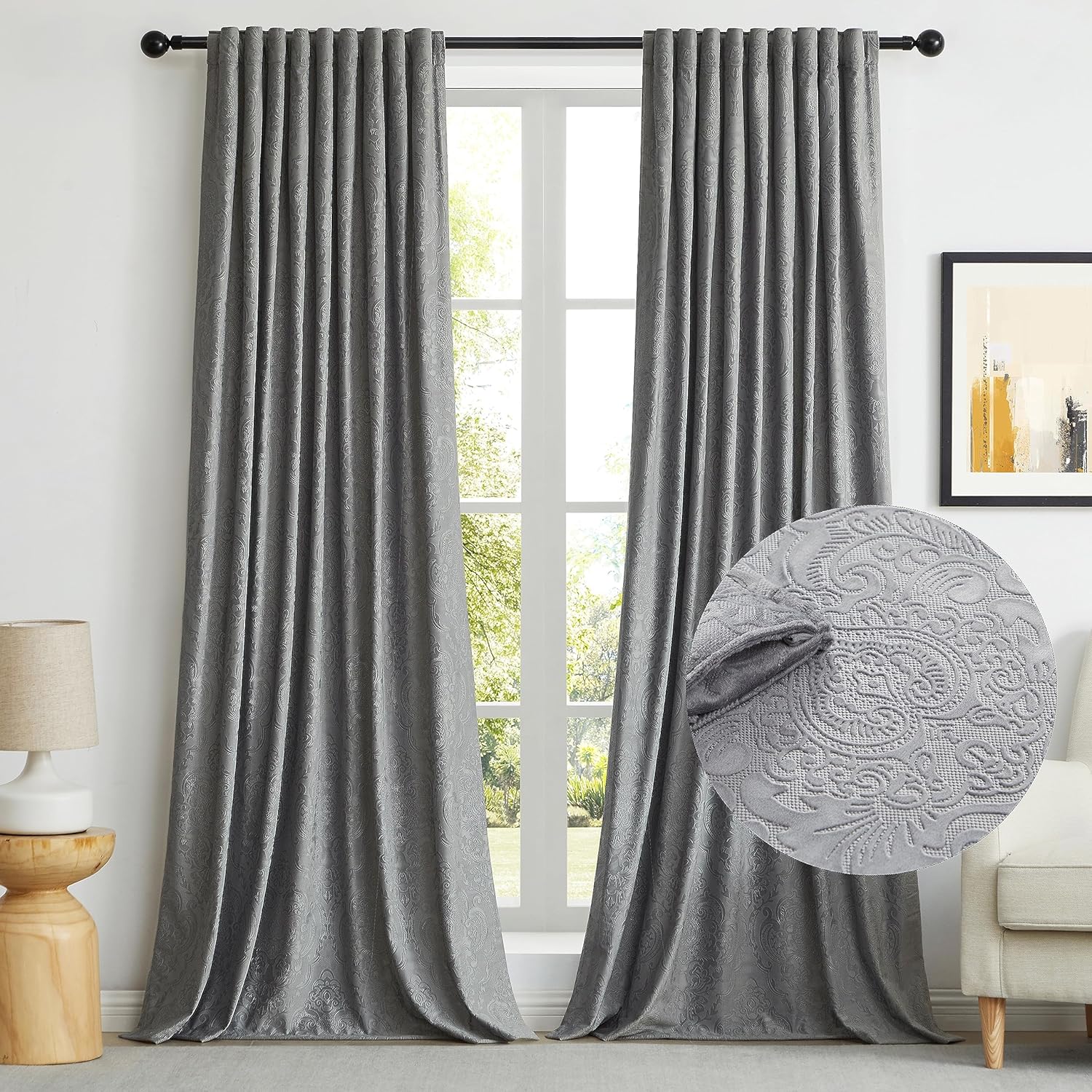 GIGIZAZA Cortinas de terciopelo gris de 96 pulgadas de largo para sala de estar, 2 paneles de cortinas bohemias de lujo con estampado de flores en