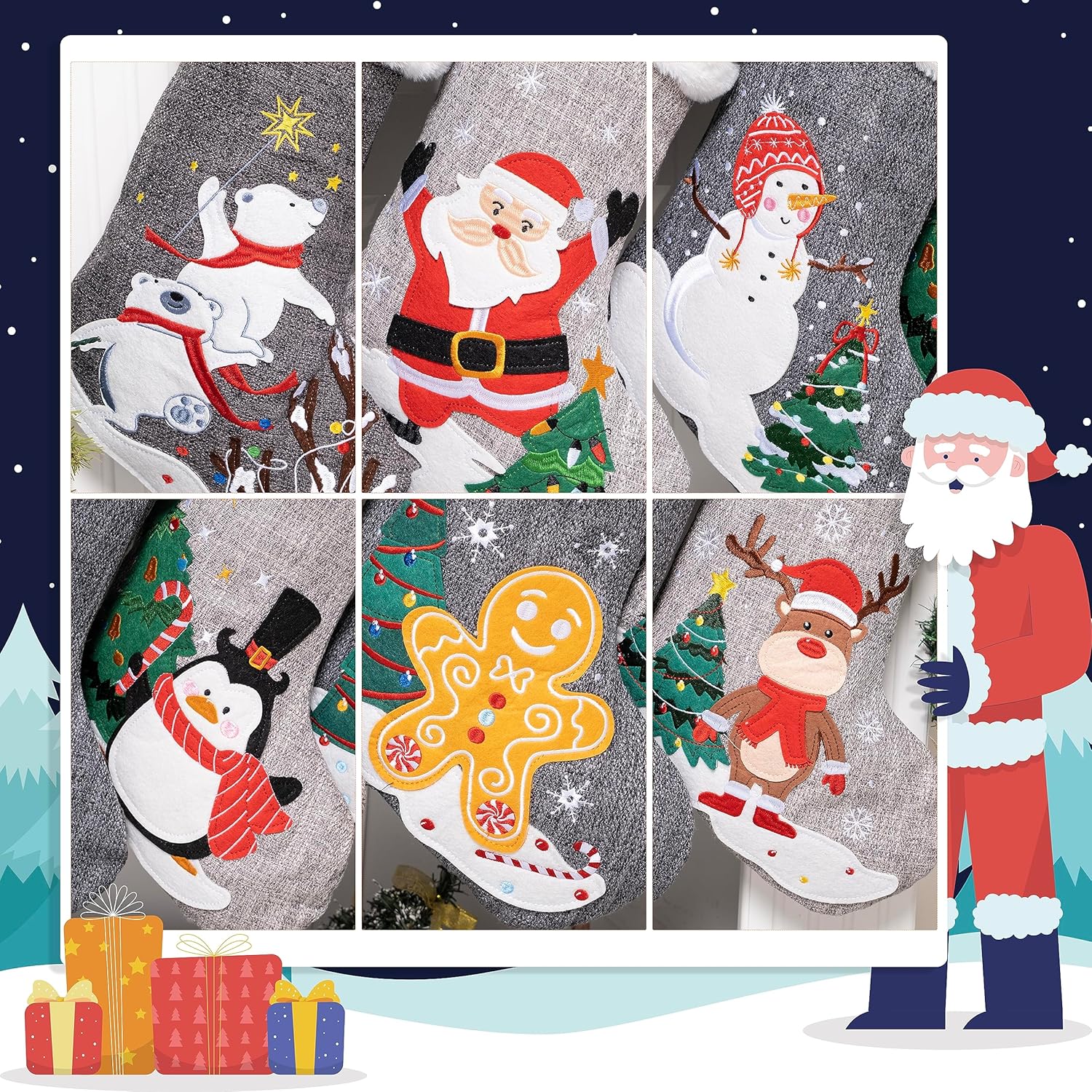 GEX Medias de Navidad personalizadas 2023 de 21 pulgadas, nombres bordados, de arpillera gris y azul, búfalo, piel sintética, lindo patrón para