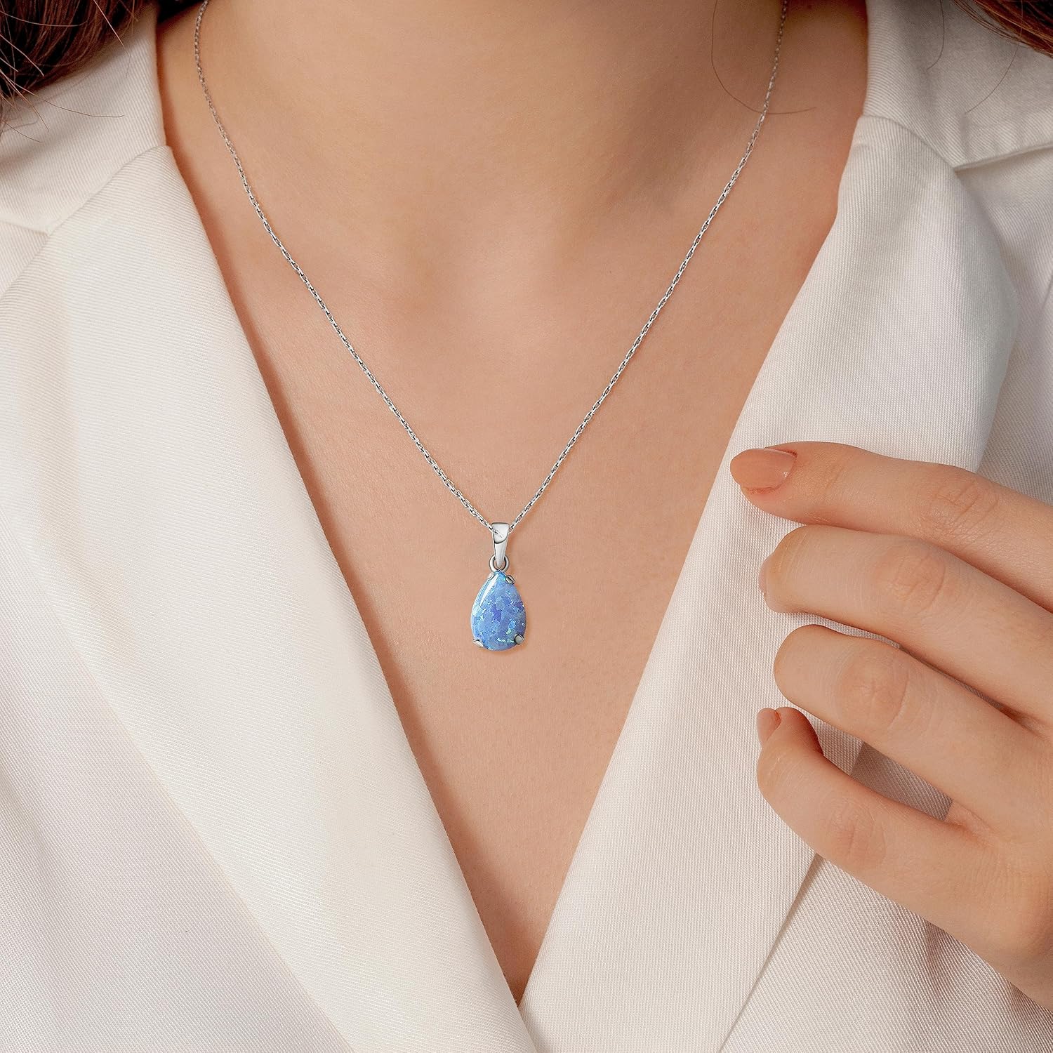 925 Sterling Silver Blue Opal Necklace – Dainty Teardrop Pendant, 7x10mm October Birthstone Opal Gemstone – Handmade Bridal Wedding Jewelry for