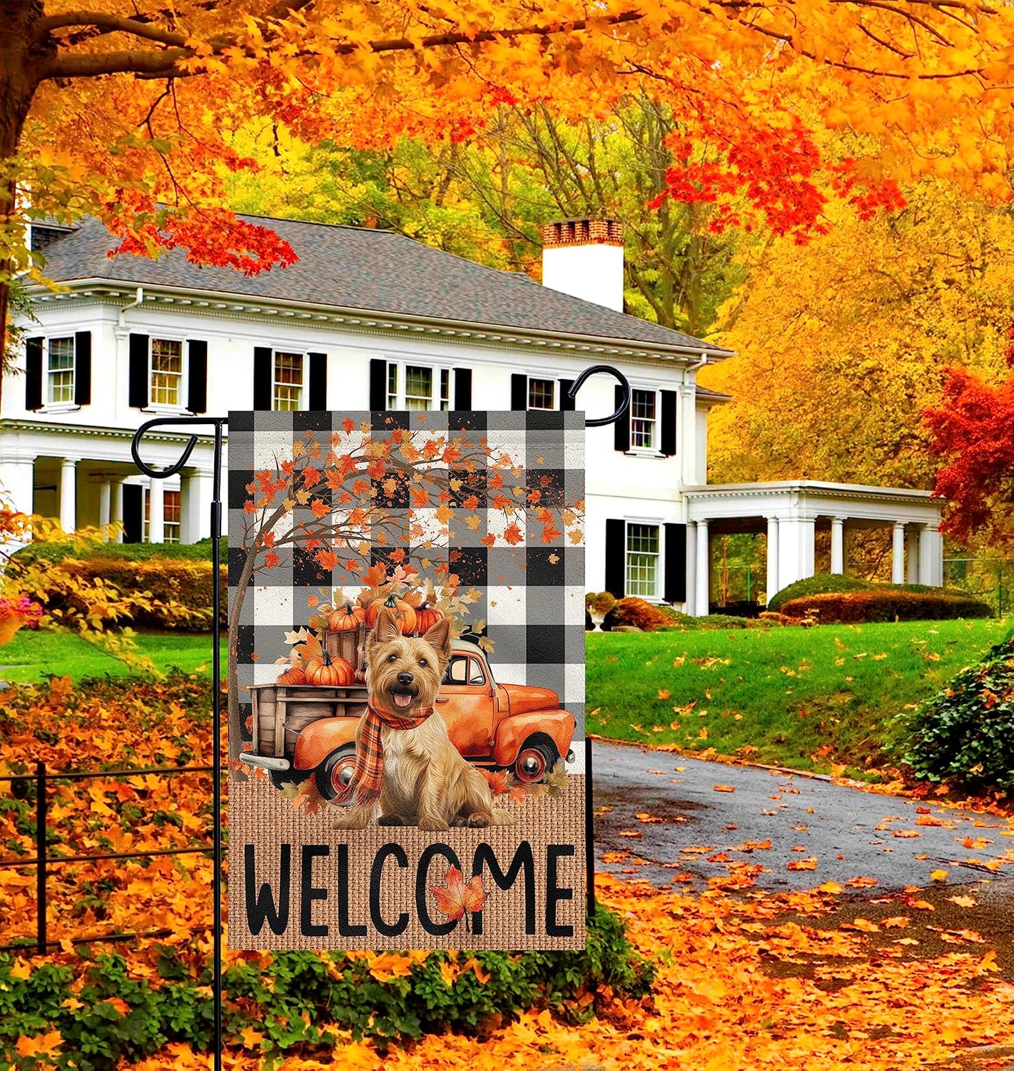 Banderas de jardín de otoño para perros de bienvenida para exteriores, 12 x 18 pulgadas, pequeño, de doble cara, de arpillera, color rojo, de