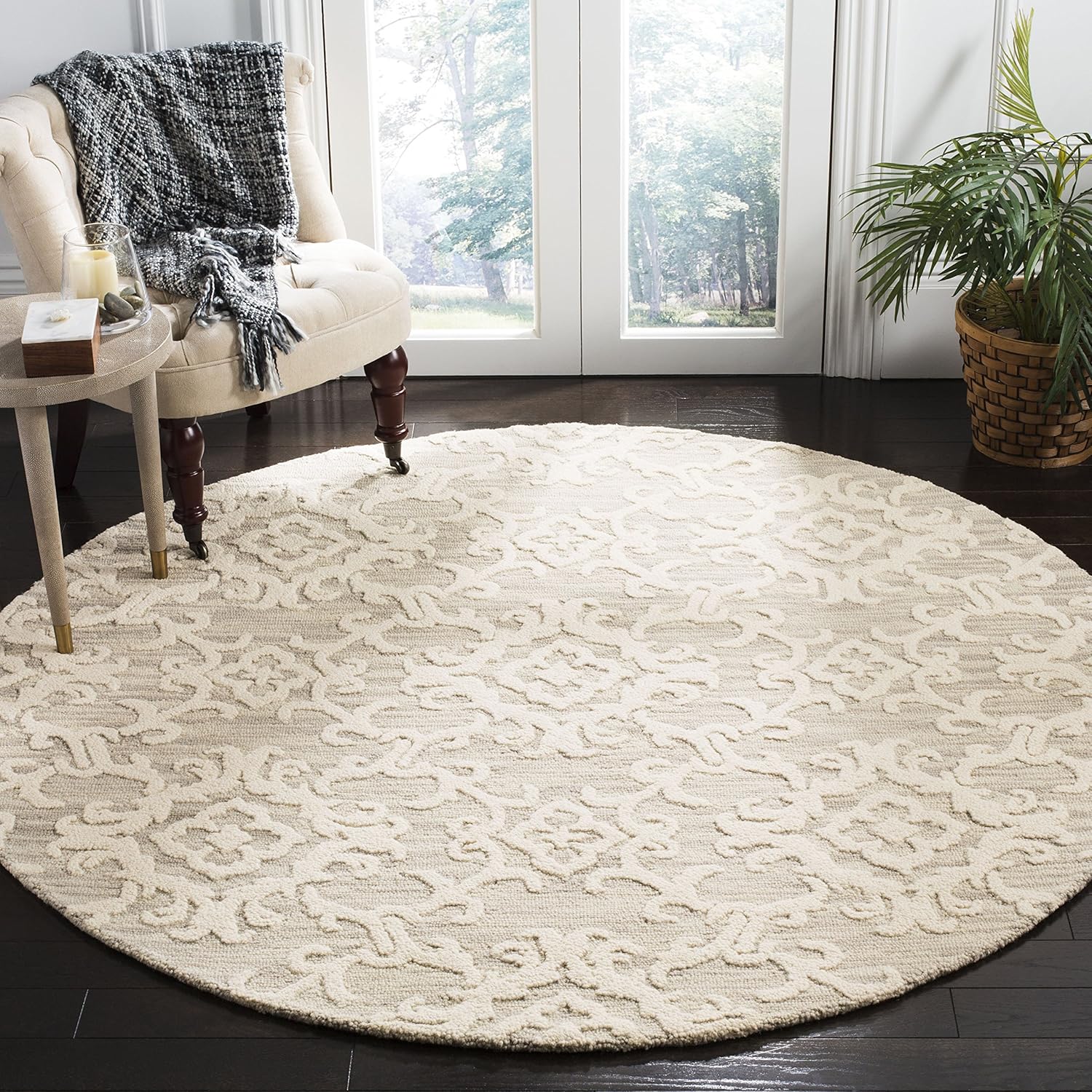 SAFAVIEH Blossom Collection – Alfombra redonda de 4 pies, color gris y marfil, lana hecha a mano, ideal para zonas de alto tráfico en sala de estar,