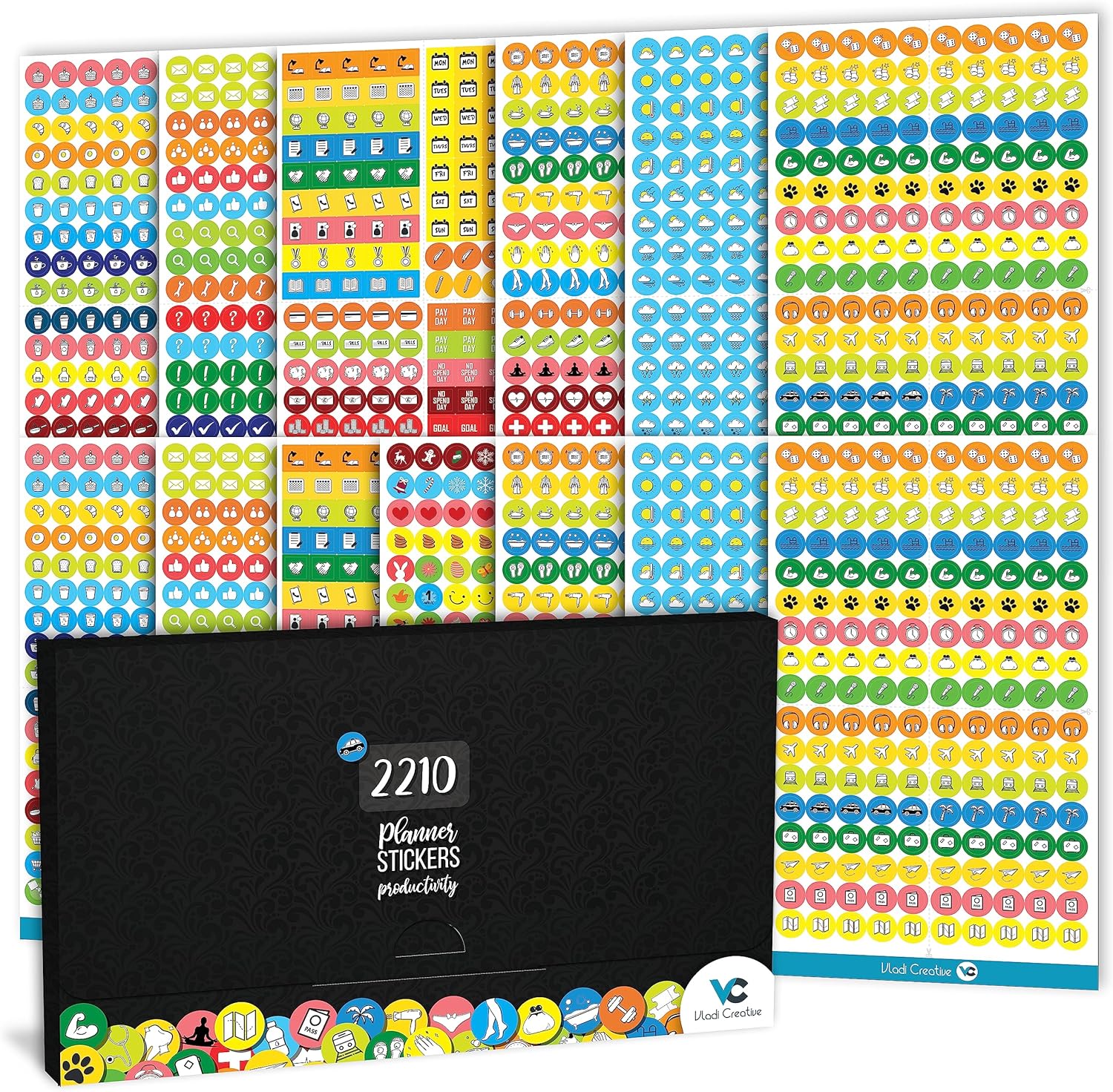 2210 Calcomanías para planificador de productividad de iconos pequeños, paquete económico de miniiconos, accesorios para planificadores Vladi