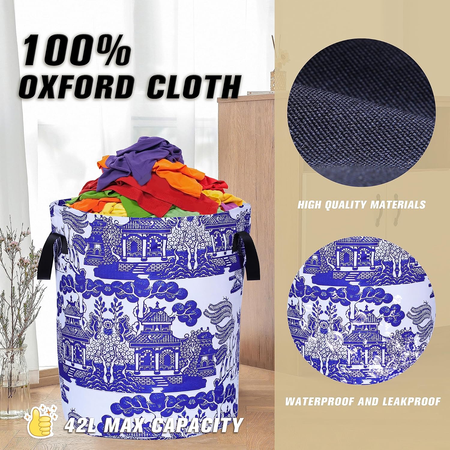 Cesta de lavandería de porcelana blanca y azul chinoiserie, plegable, de tela Oxford, divertida bolsa de lavandería, cesta de almacenamiento de