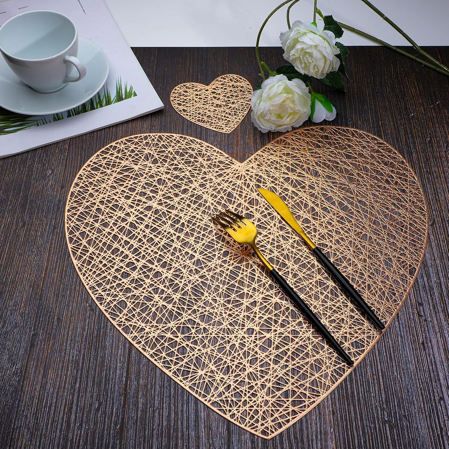 Juego de 6 manteles individuales de corazón y posavasos a juego, color oro rosa, decoración de mesa para el día de San Valentín, para boda, noche