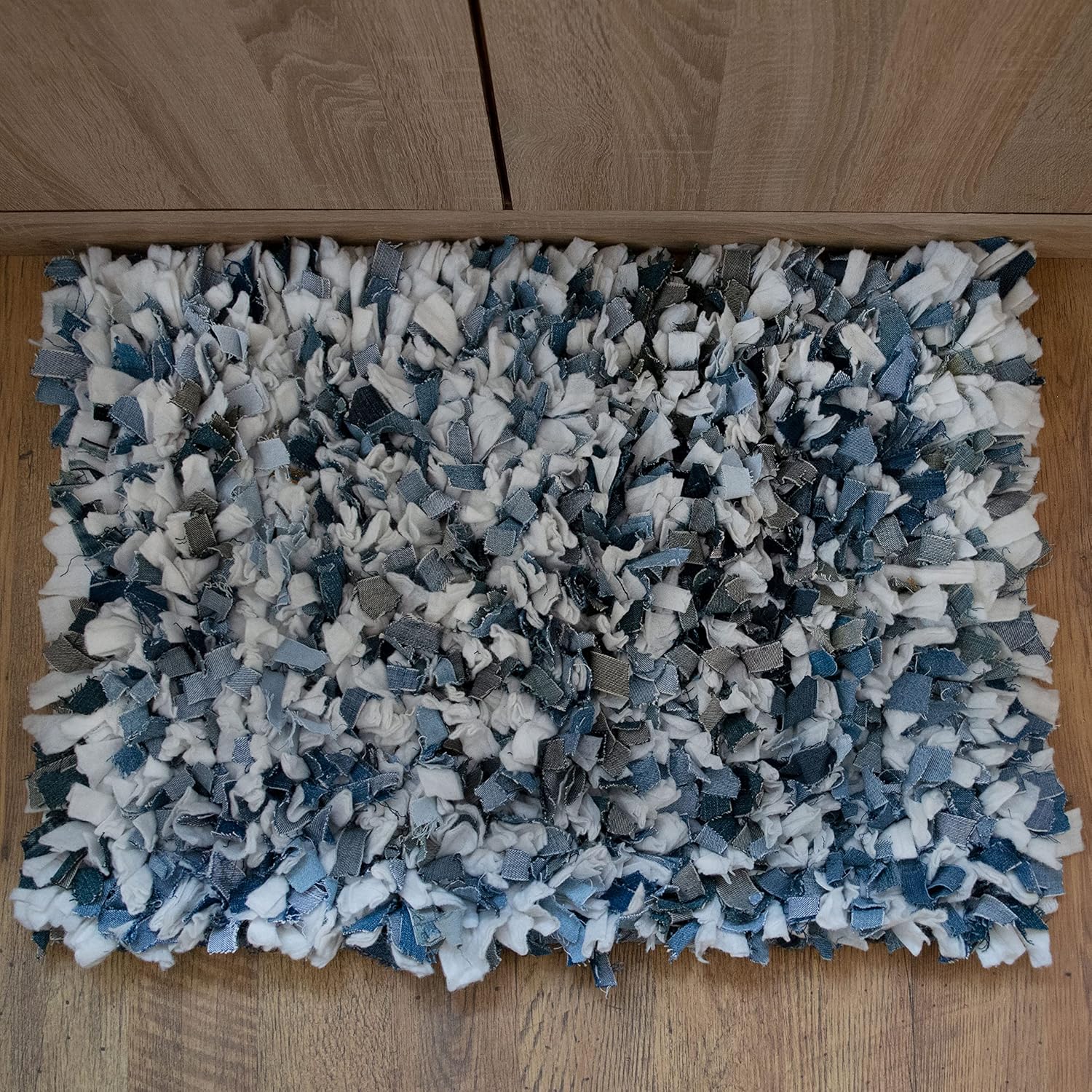 Chardin home Rainbow Shag Rug Denim Blues and White  Boho Rug for Bedroom, Kitchen, Entrance Bathroom and More  Recycled Rag chindi Shaggy Rug 20×30
