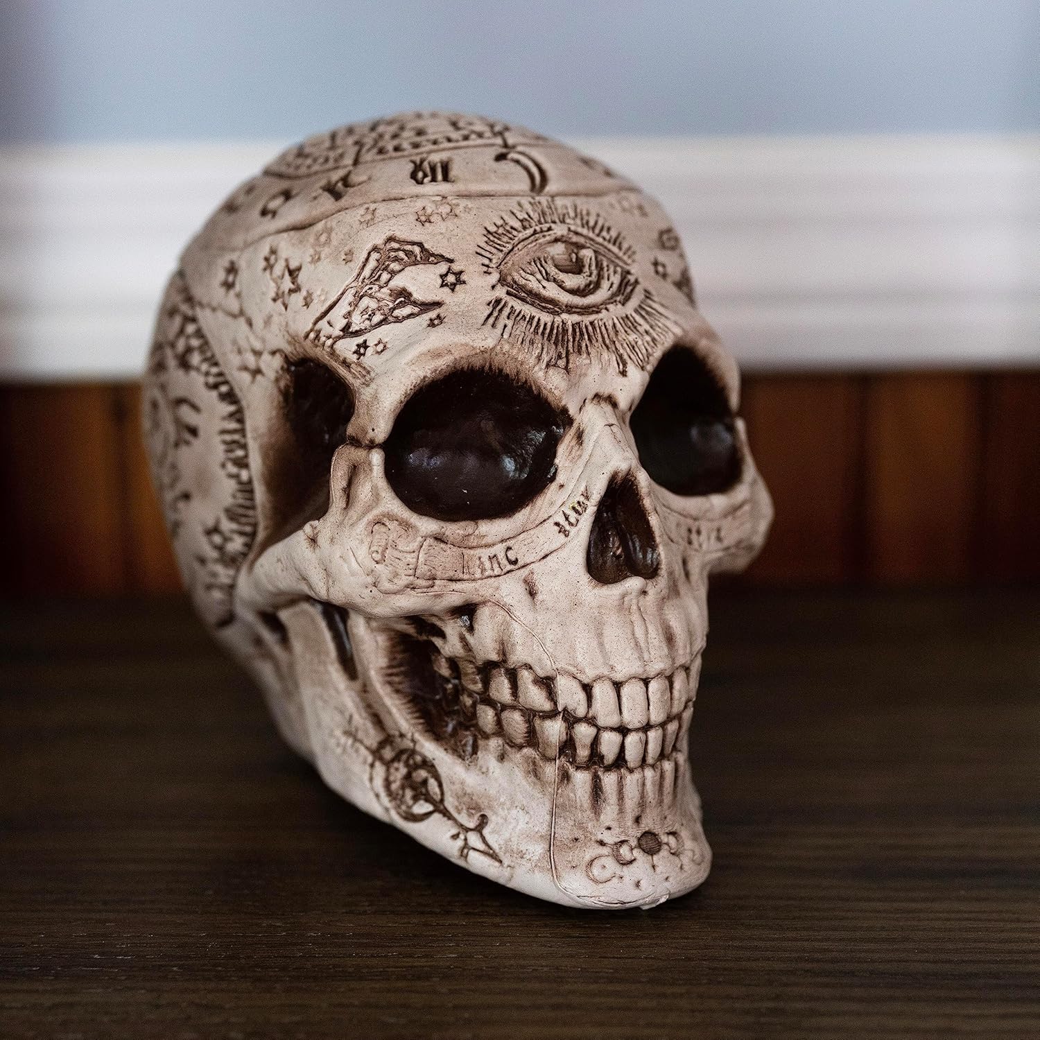 Tabla de calaveras del zodiaco y el espíritu de Halloween, paquete de 2, escultura de esqueleto de cabeza humana de 7 x 6.5 pulgadas, decoración de