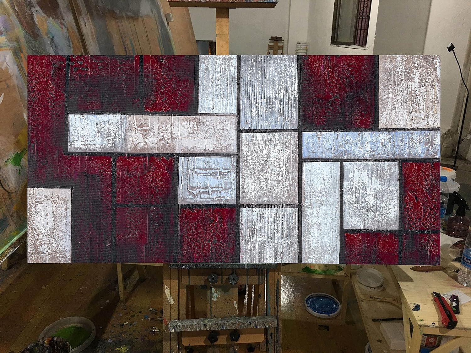 Cuadrados abstractos en lienzo pintado a mano, pintura al óleo de color rojo oscuro, decoración de imagen pesada texturizada para sala de estar,