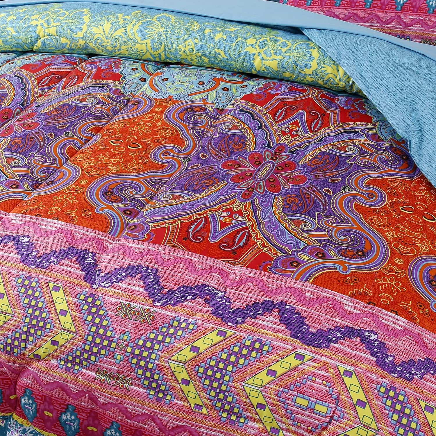 Juego de edredón reversible de 7 piezas de estilo bohemio en una bolsa, tamaño King, colorido estilo bohemio rojo y azul, (1 edredón, 1 sábana