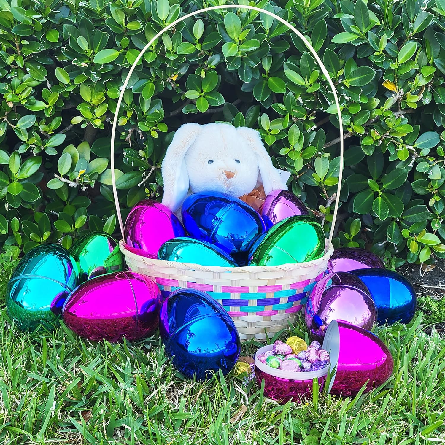 Huevos de Pascua rellenables (paquete de 12) huevos de Pascua gigantes de plástico metálicos coloridos de 6 pulgadas, se mantienen verticales,