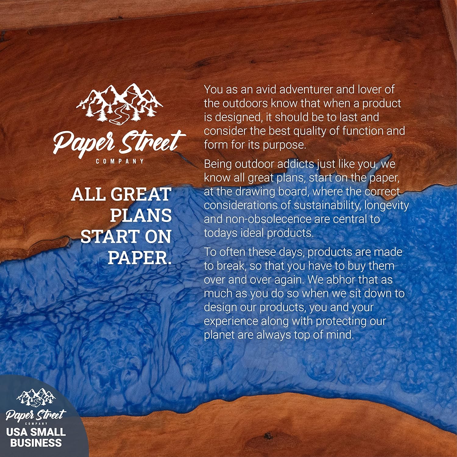 Paper Street – Bandeja grande de epoxi azul y palisandro con asas de metal negro, 4 posavasos de epoxi decorativos, bandeja cuadrada de 23 x 23 x 2