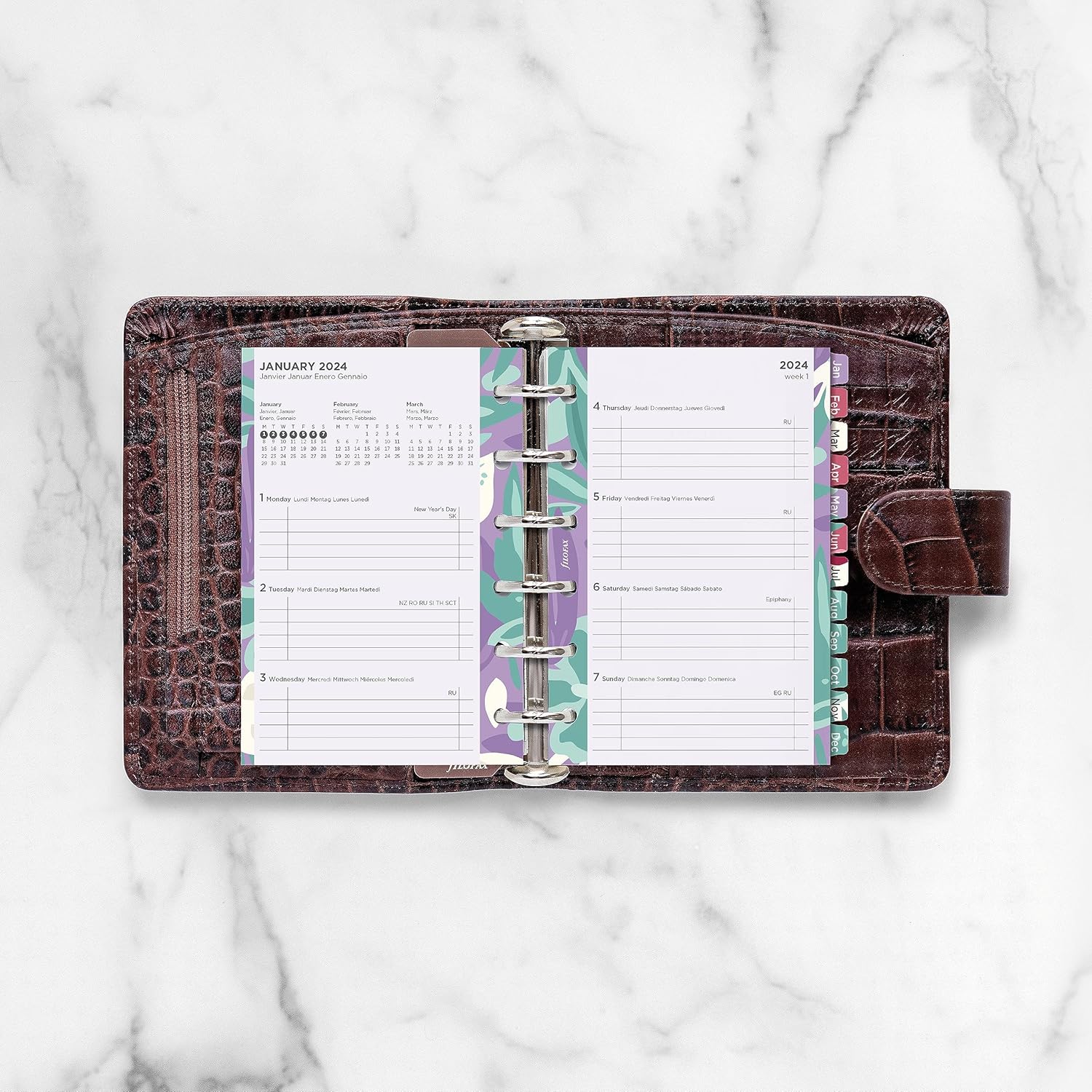 Filofax Recambio de diario de calendario, tamaño de bolsillo, semana a vista, paquete de diario floral ilustrado con diseño de impresión de cuatro