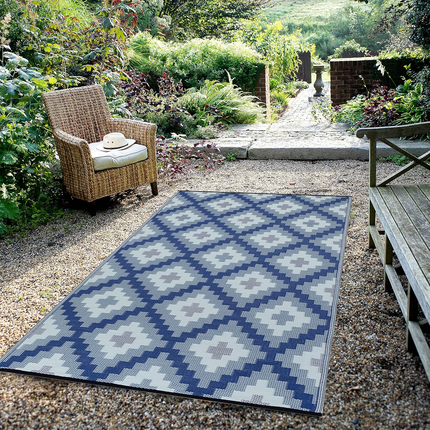 FH Home Alfombra para exteriores, impermeable, resistente a la decoloración, reversible, plástico reciclado de alta calidad, acabado geométrico para