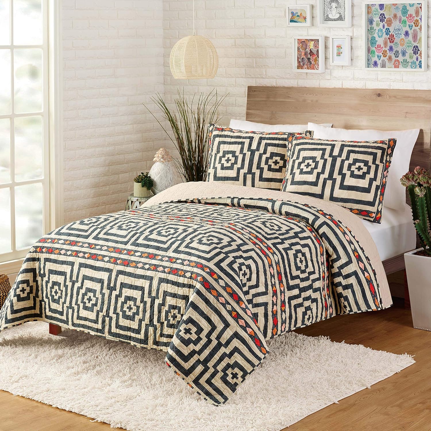 Justina Blakeney Ropa de cama hipnótica, matrimonialqueen, negro, 3 piezas