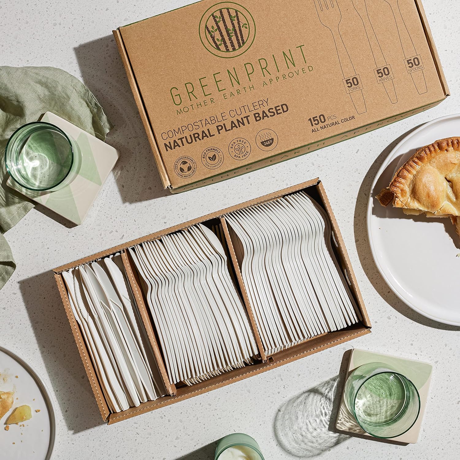 GREENPRINT Juego de cubiertos compostables (paquete de 150) 50 tenedores, 50 cucharas, 50 cuchillos, cubiertos desechables biodegradables,