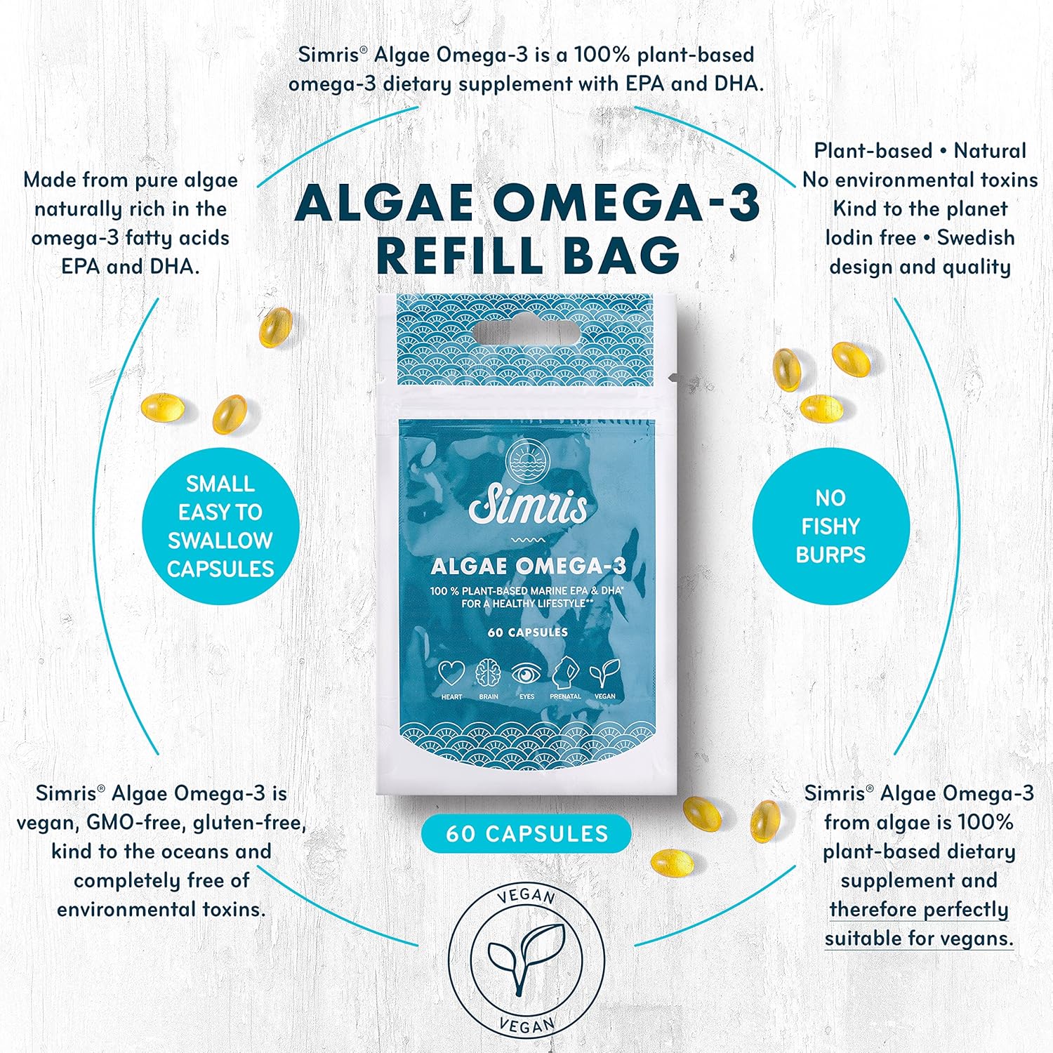 Algae Omega 3-180 Mini Cápsulas Blandas Premium  Suplemento vegano a base de plantas EPA DHA  Alternativa al aceite de pescado  para cerebro, ojos,