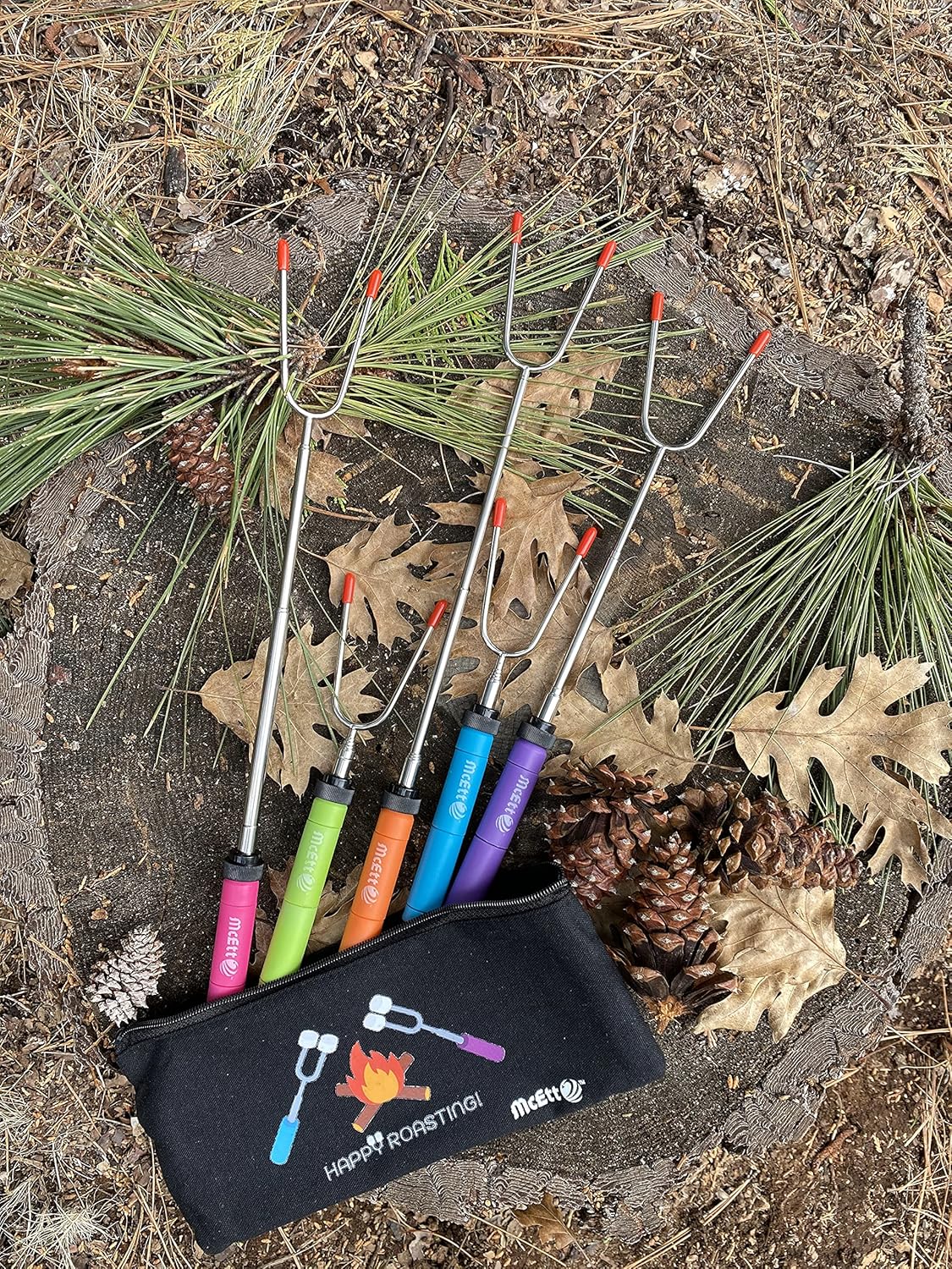 Kit de palos para asar malvaviscos, 5 tenedores telescópicos de acero inoxidable giratorios de 34 pulgadas para barbacoa, bolsa de lona y