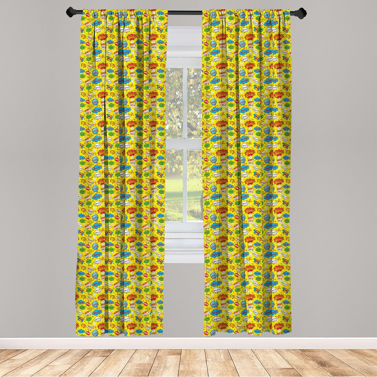 Lunarable Cortinas para ventana de superhéroe, burbujas de discurso de humor Funky Vivid Bang Boom Bam Pow Fiction Design, decoración ligera, juego