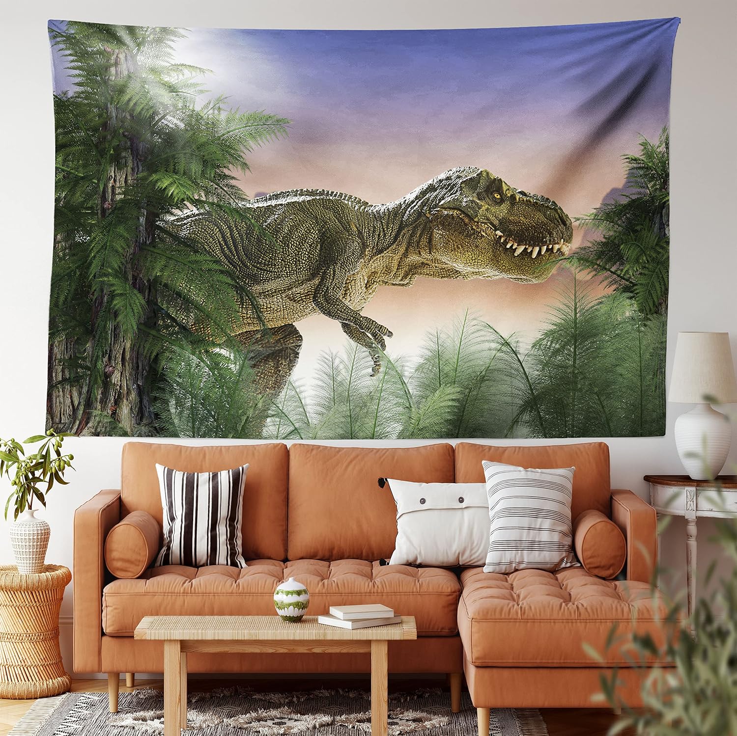 Ambesonne Tapiz jurásico, dinosaurio en la selva, bosque, naturaleza, bosque, violencia depredadora aterradora, colgante de pared ancho para