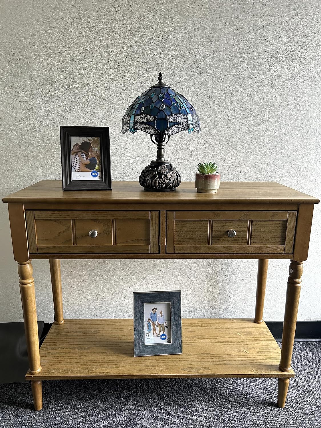 Tiffany Lámpara de mesa con diseño de libélula azul, bombilla LED con vitral, incluye base de libélula para sala de estar, dormitorio, mesita de