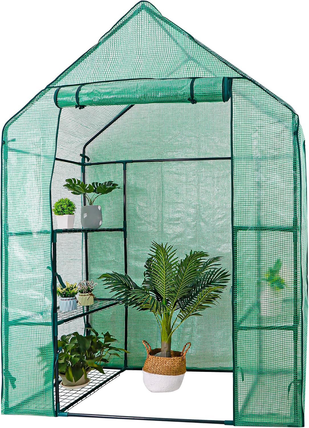 Mini invernadero de 3 niveles con 12 estantes, cubierta de tela de polietileno con puerta enrollable con cremallera para flores y plantas