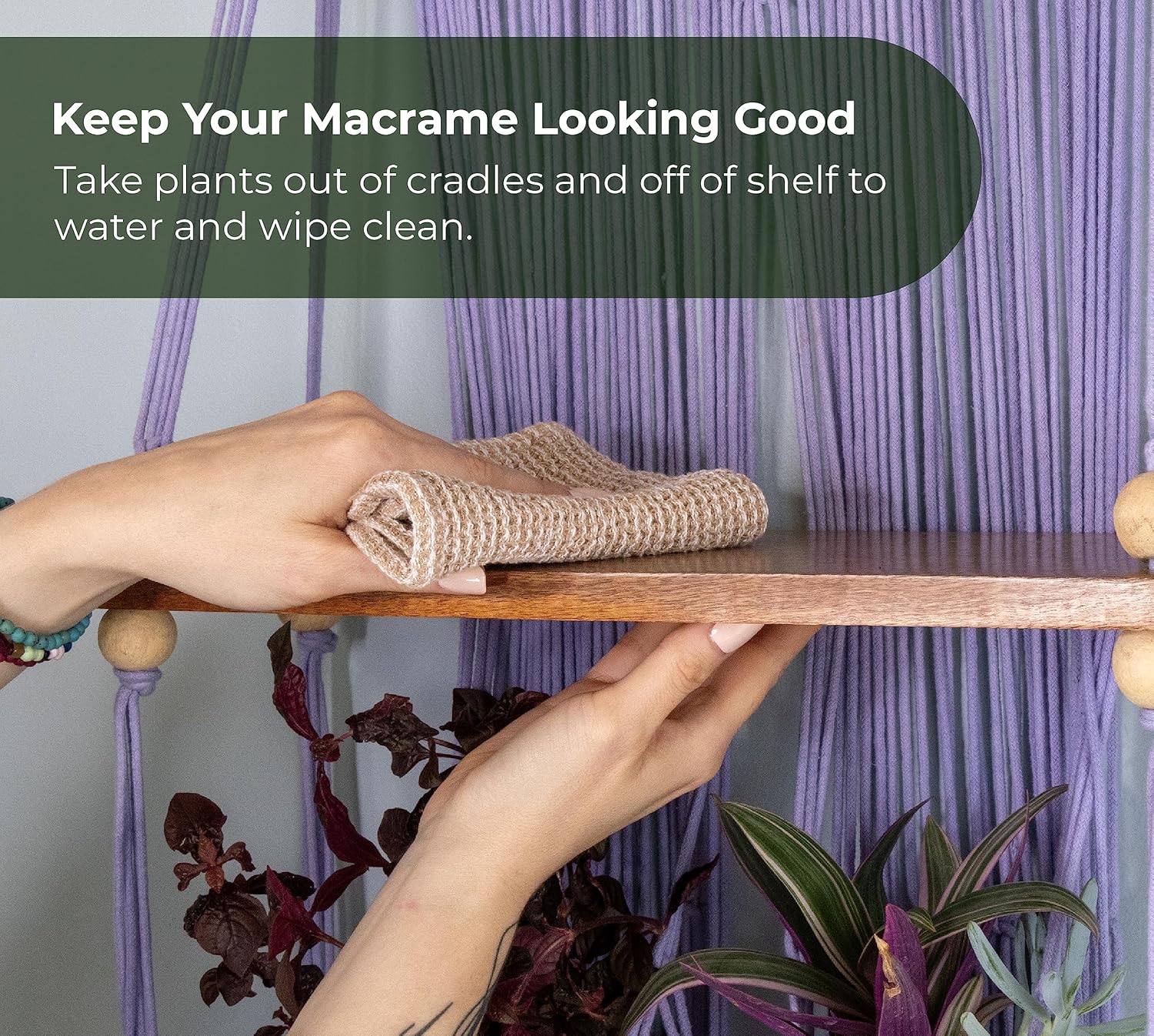 Estante para colgar en la pared de madera dura y macramé (lavanda)  1 estante y 2 ganchos para macetas de 4 pulgadas  de origen sostenible, 17 x
