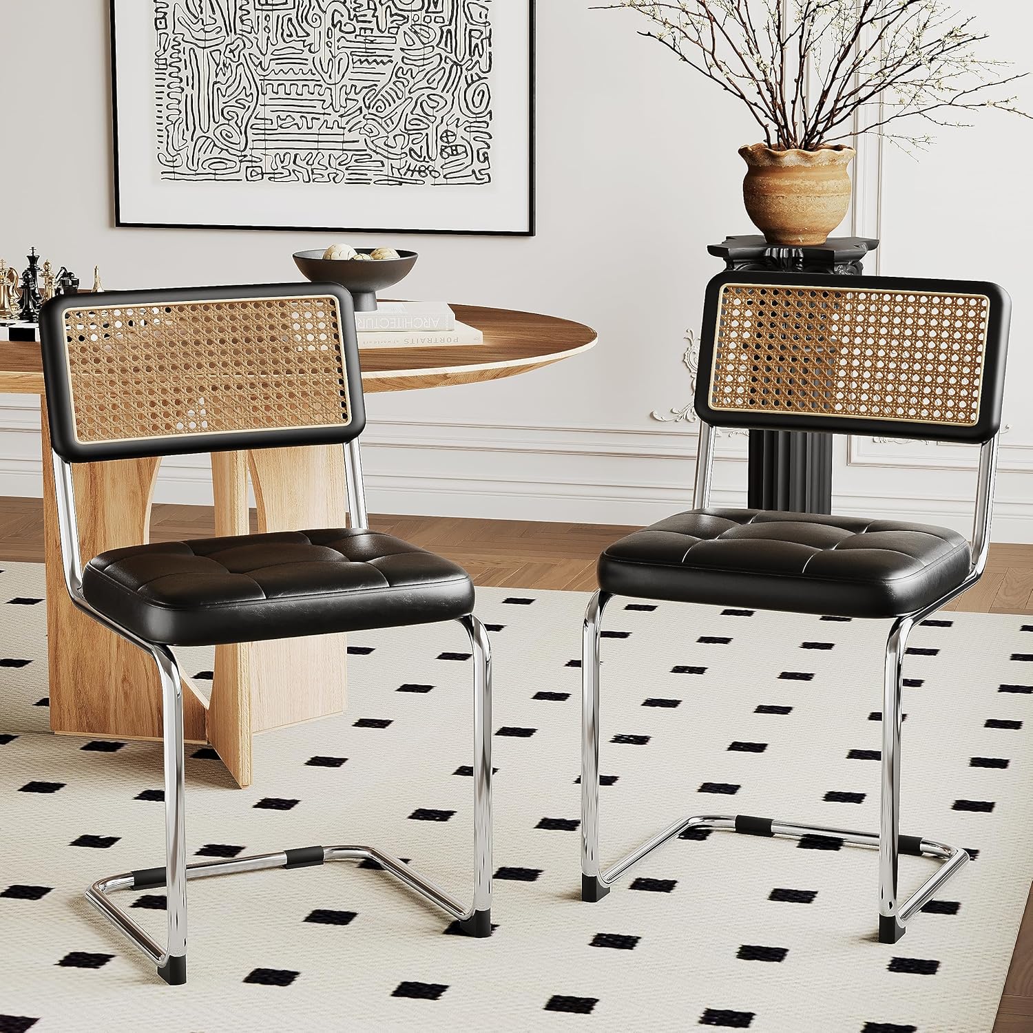Alunaune Juego de 2 sillas de comedor modernas de mediados de siglo, silla decorativa tapizada de ratán natural, sillas laterales sin brazos con