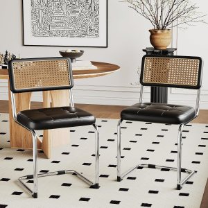 Alunaune Juego de 2 sillas de comedor modernas de mediados de siglo, silla decorativa tapizada de ratán natural, sillas laterales sin brazos con Alunaune Juego de 2 sillas de comedor modernas de mediados de siglo, silla decorativa tapizada de ratán natural, sillas laterales sin brazos con