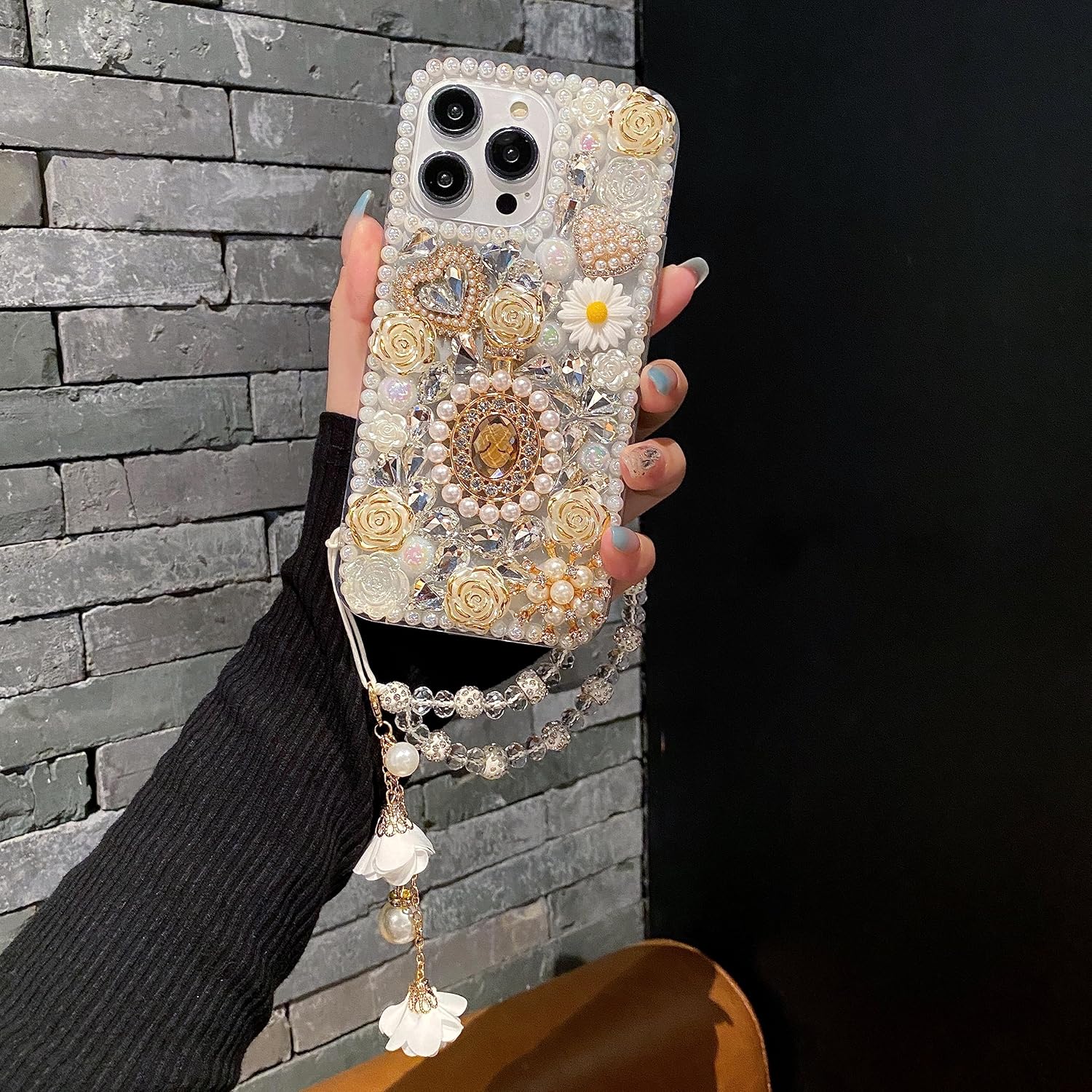 iFiLOVE Funda con diamantes de imitación y correa de flores, 3D de lujo, con diamantes de imitación y diamantes de imitación y rosas de amor, para