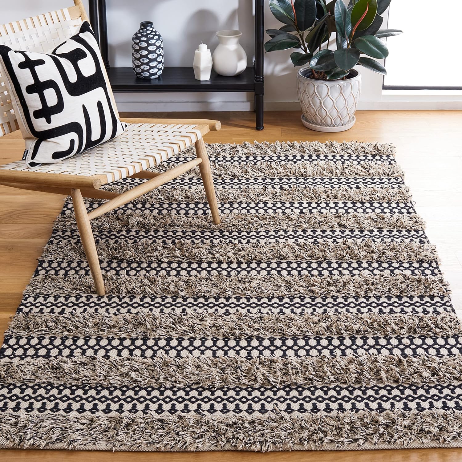 SAFAVIEH Natura Collection – Alfombra de área de 8 x 10 pies, color negro y marfil, diseño de algodón de tejido plano, fácil cuidado, ideal para