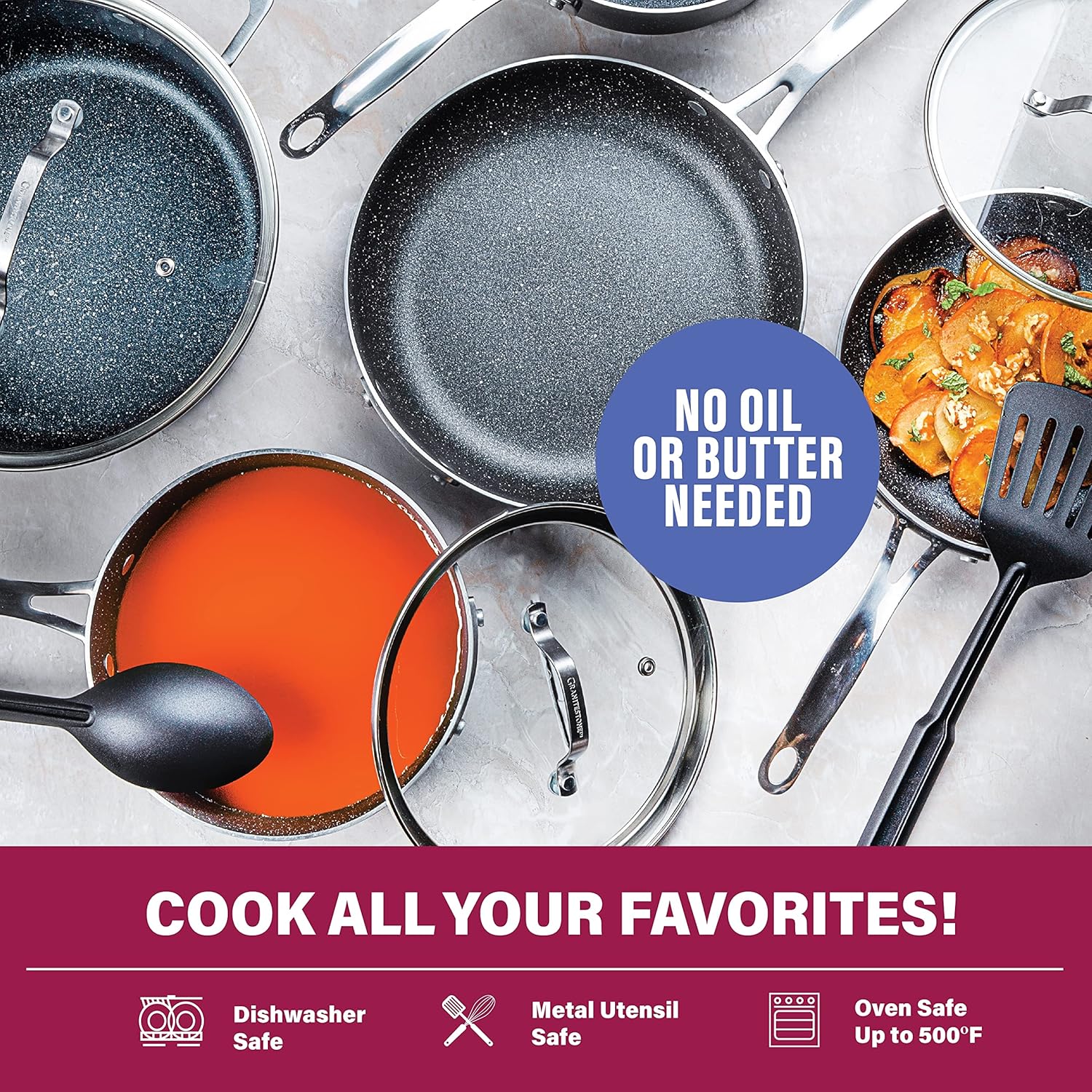 Granitestone Juego de ollas y sartenes apilables antiadherentes, 10 piezas que ahorran espacio, juego completo de utensilios de cocina con