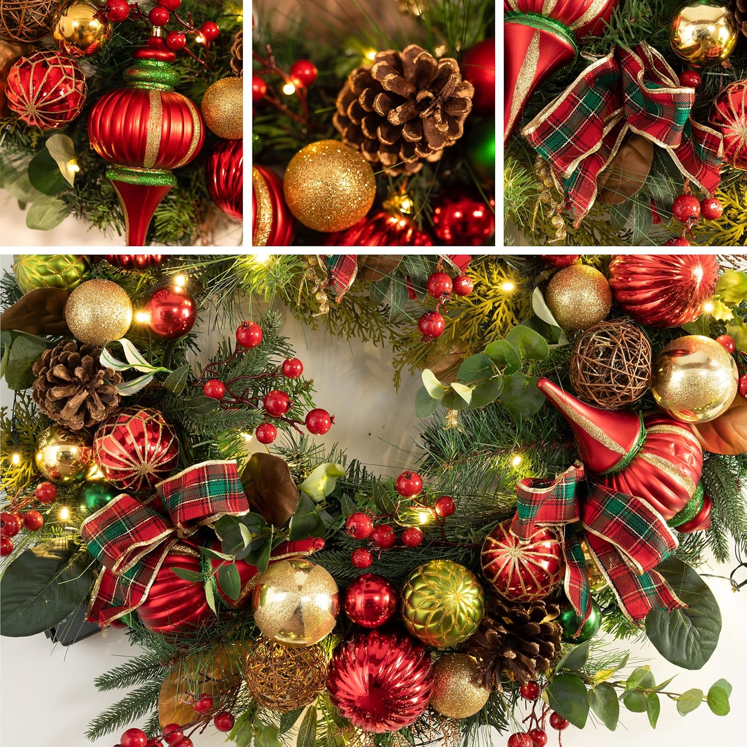 Valery Madelyn Corona de Navidad preiluminada para puerta delantera con luces, corona de Navidad grande de 30 pulgadas con cinta de bola de Navidad