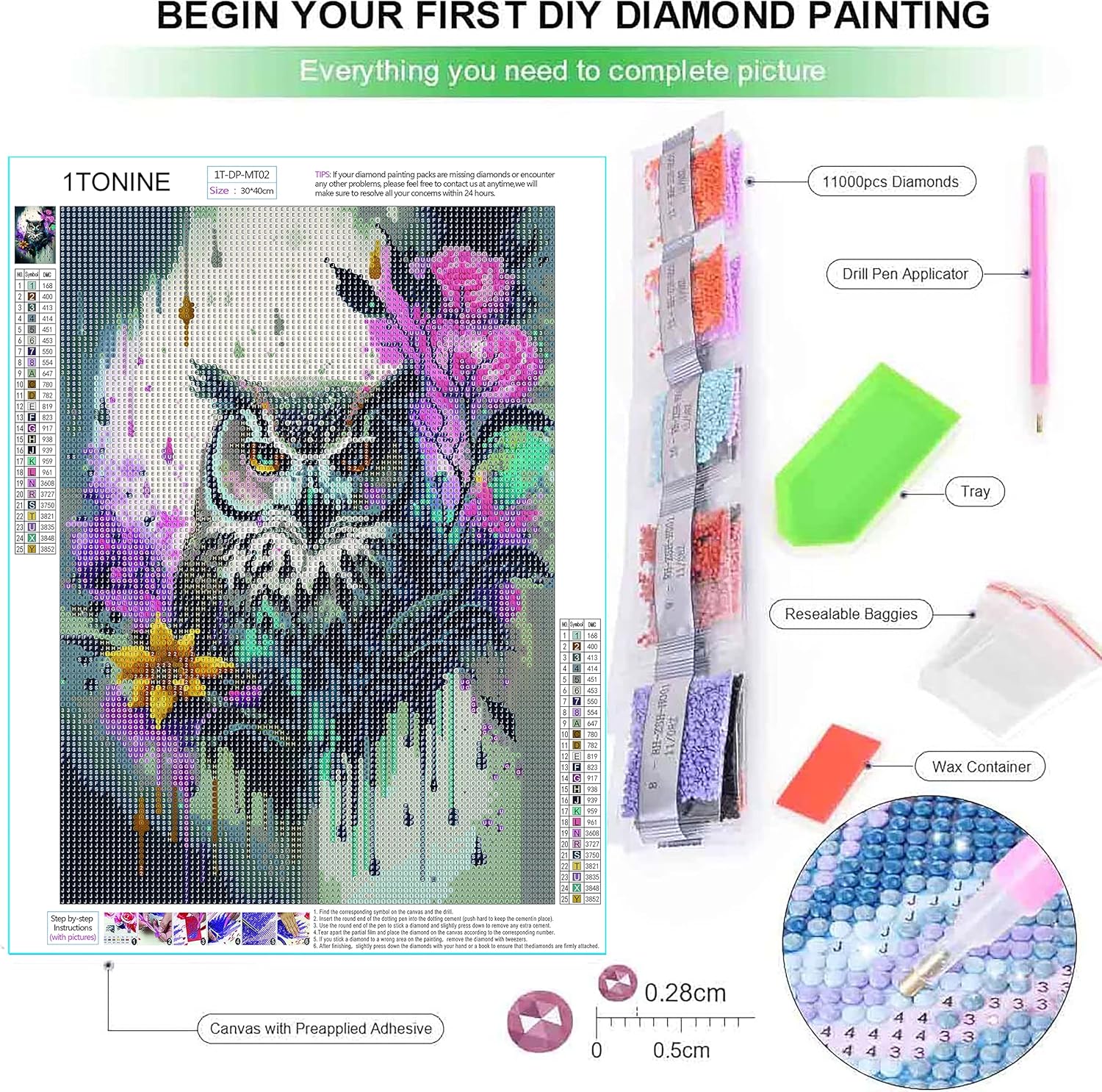 Kits de pintura de diamantes 5D para adultos, kit de arte de diamantes de flor de búho de fantasía para adultos, kits de arte de gemas de diamantes