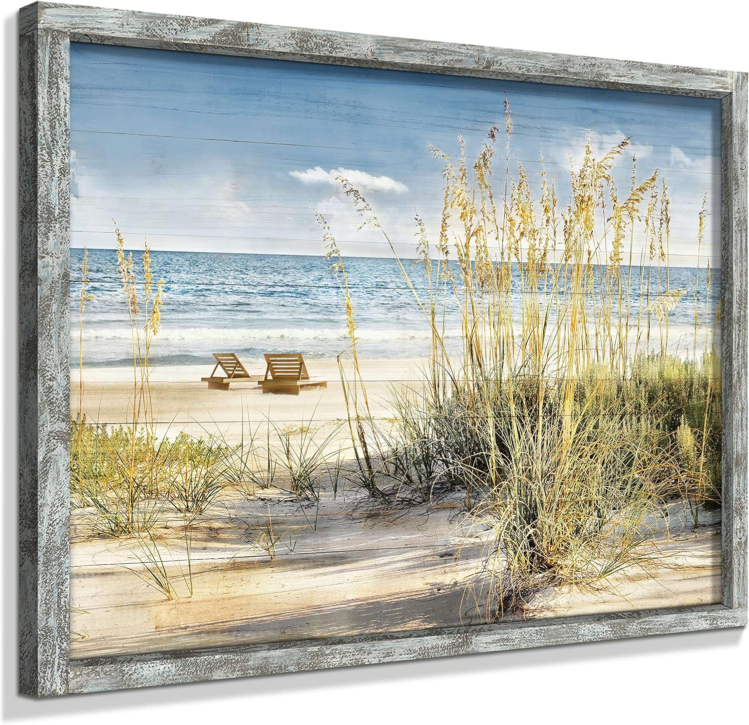 Cuadro de playa de madera enmarcado arte de pared costero, paisaje marino, decoración de pared de escena oceánica, impresiones artísticas para