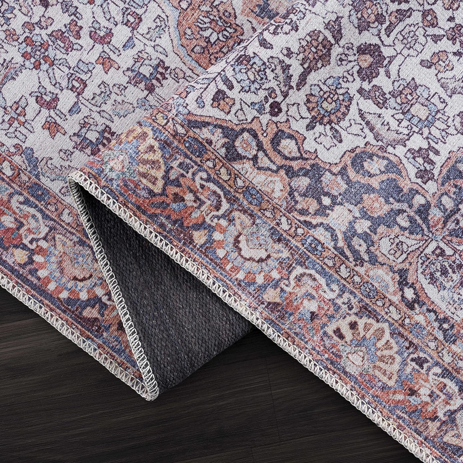 Georgia Collection Cael – Alfombra lavable a máquina, estilo oriental persa floral desteñido, para sala de estar y dormitorio, alfombra envejecida