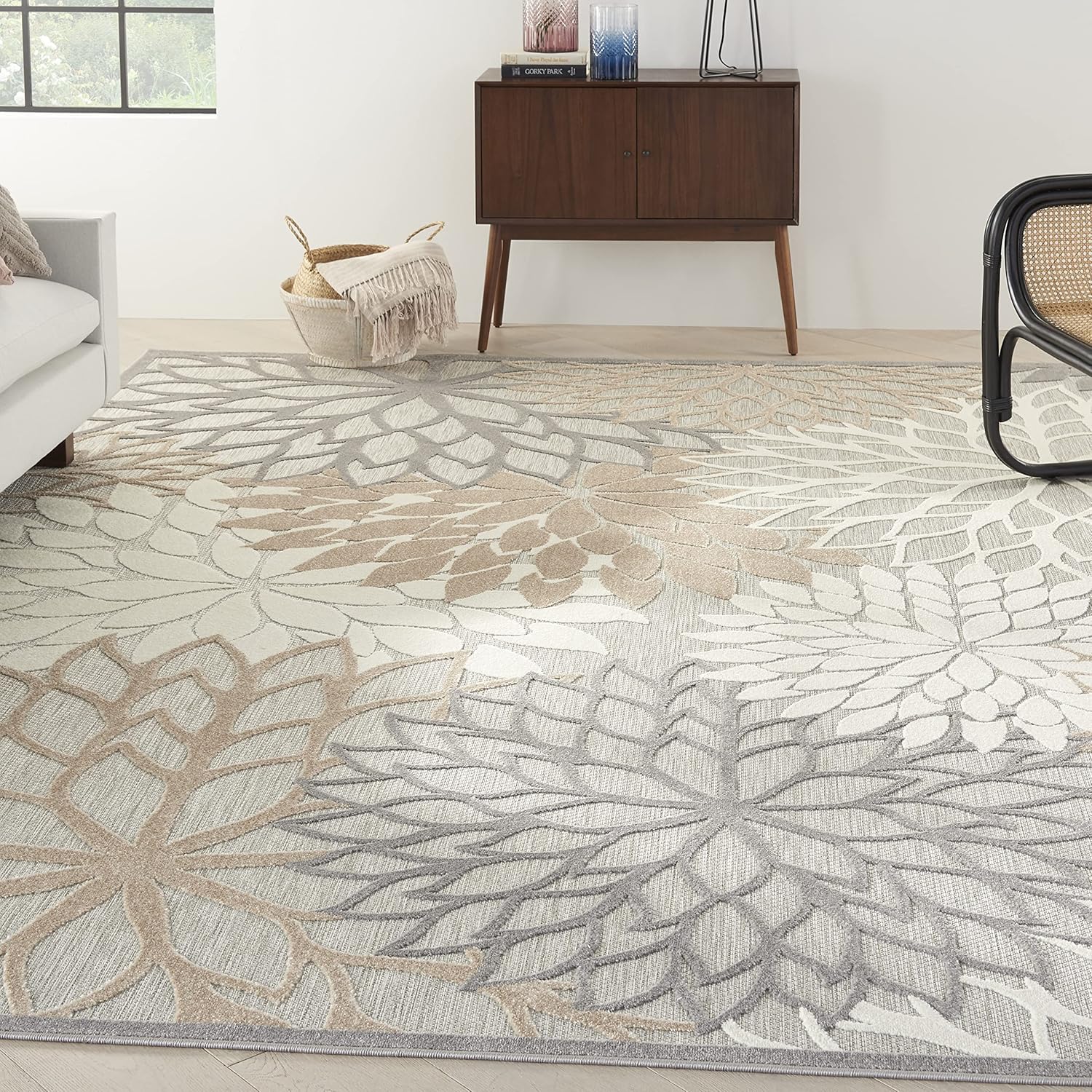 Nourison Aloha Tapete de color natural para interior o exterior, 10 x 14 pies, tropical, botánico, fácil de limpiar, no desprende pelo, para