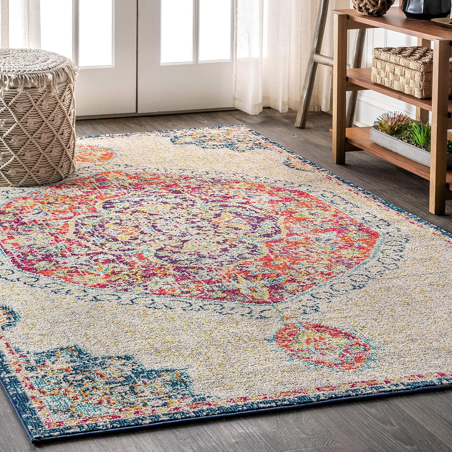 JONATHAN Y BMF101A-4 – Alfombra bohemia estilo bohemio vintage tradicional para interiores, diseño floral, fácil de limpiar, alto tráfico, para