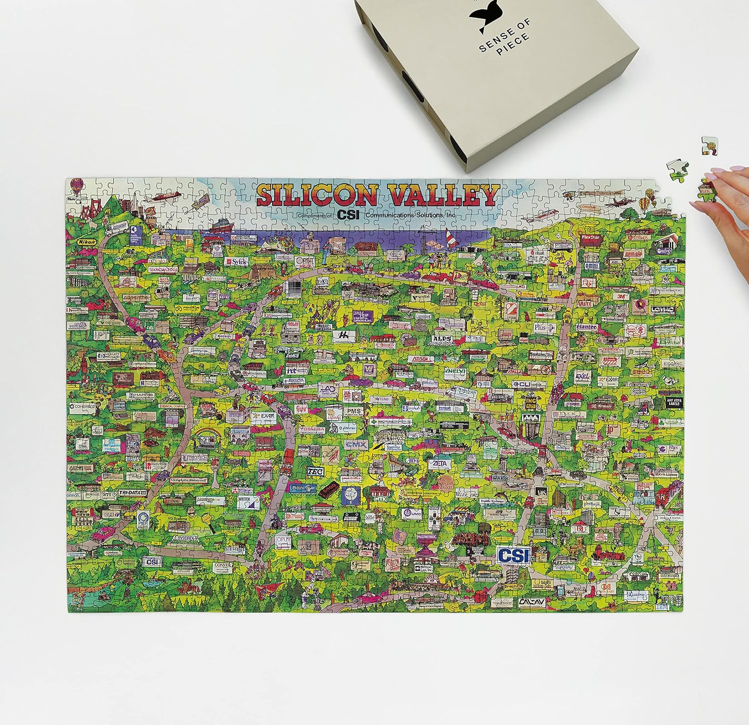 Rompecabezas de 1000 piezas  1986  Mapa gráfico ilustrado de Silicon Valley que muestra todas las marcas comerciales importantes