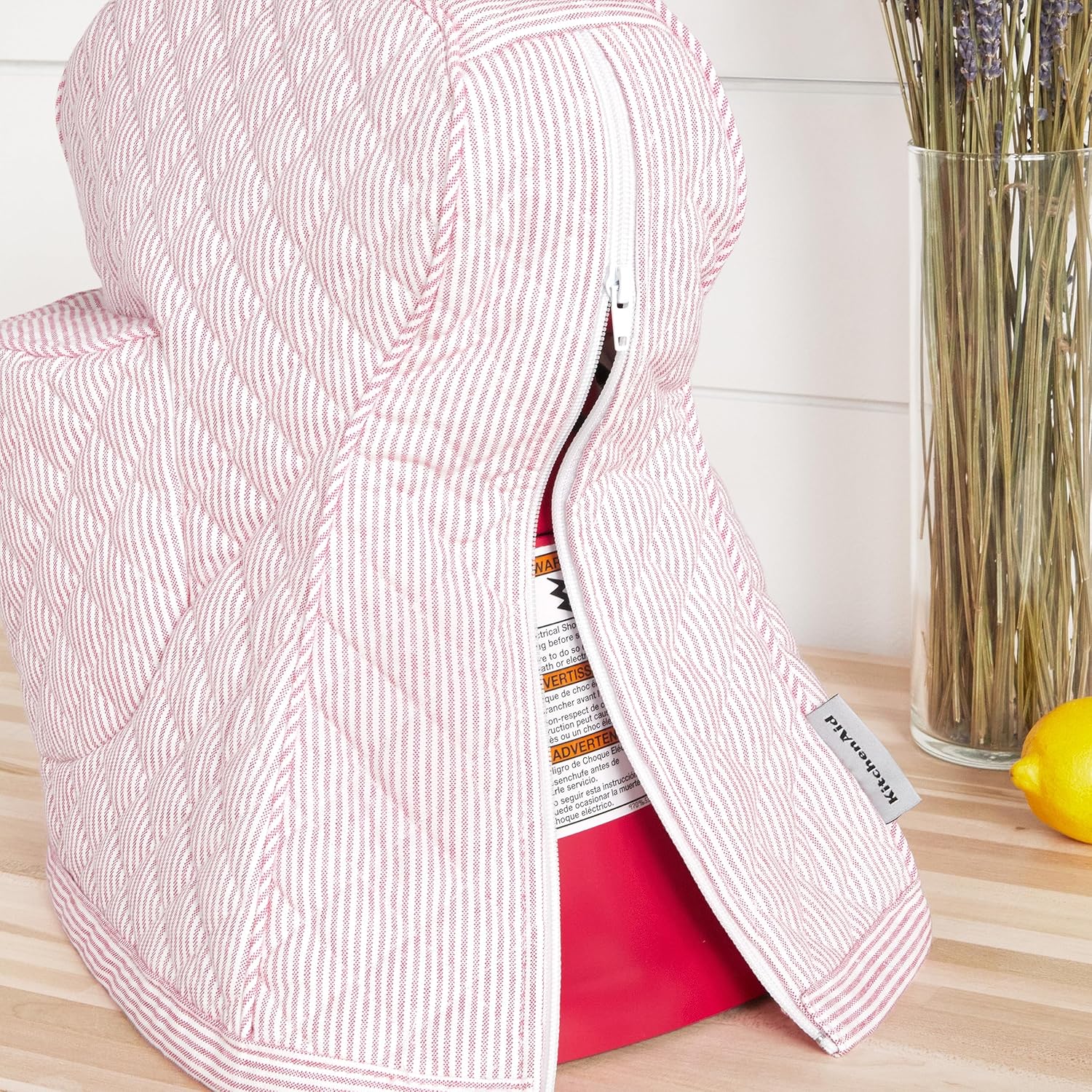 KitchenAid Funda para batidora con soporte de rayas inclinables y bolsillo de almacenamiento, acolchada 100% algodón, 14.4 x 18 x 10 pulgadas, rosa