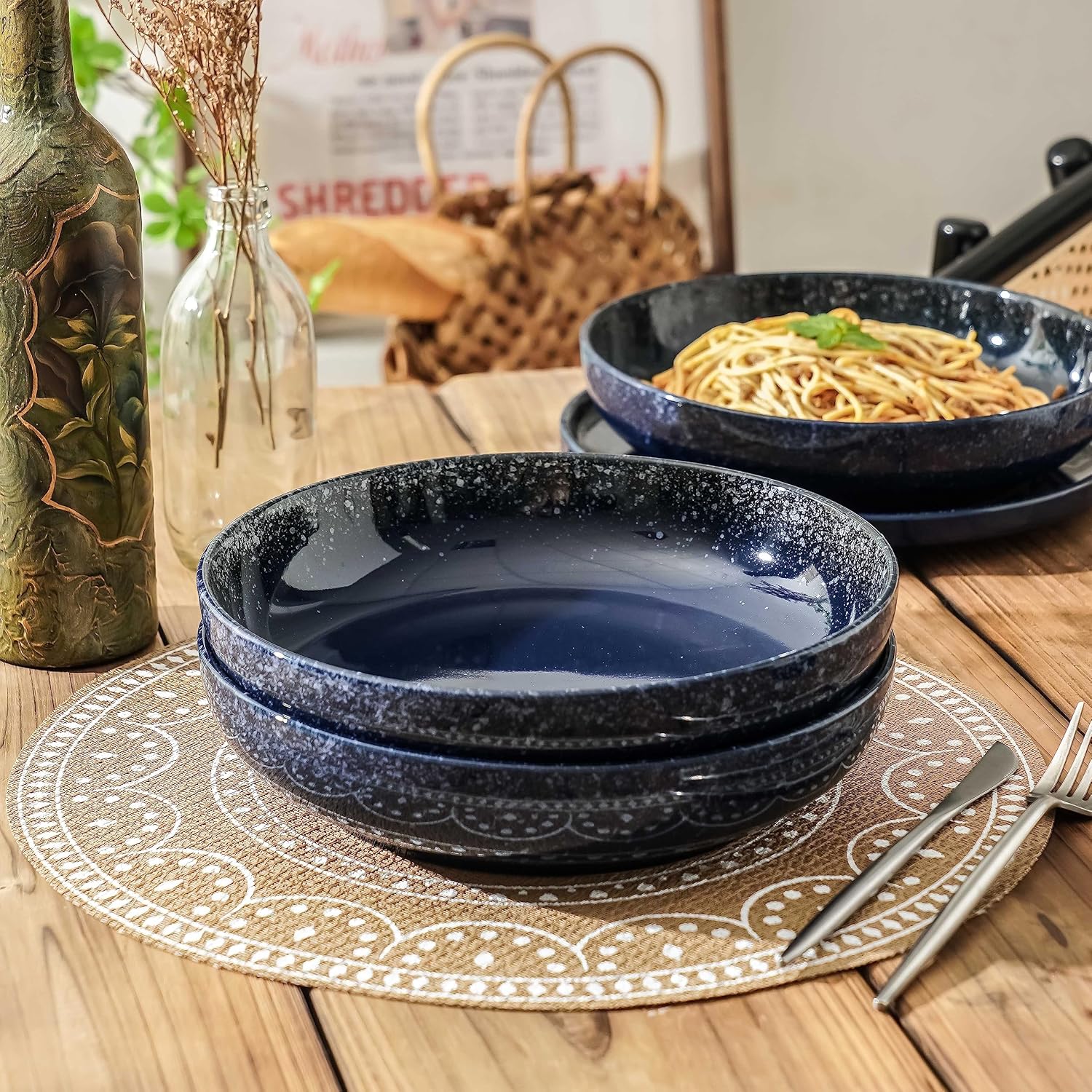 S&Q’S CERAMICS Juego de 4 cuencos grandes para servir ensaladas grandes de 65 onzas, cuencos grandes, platos de cerámica poco profundos de 10