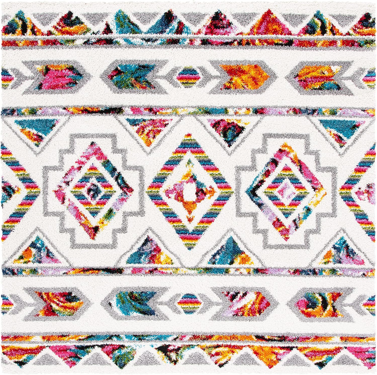SAFAVIEH Fiesta Shag Collection – Alfombra cuadrada, 4 pies, color crema y multicolor, diseño marroquí bohemio, no desprende pelusa y de fácil