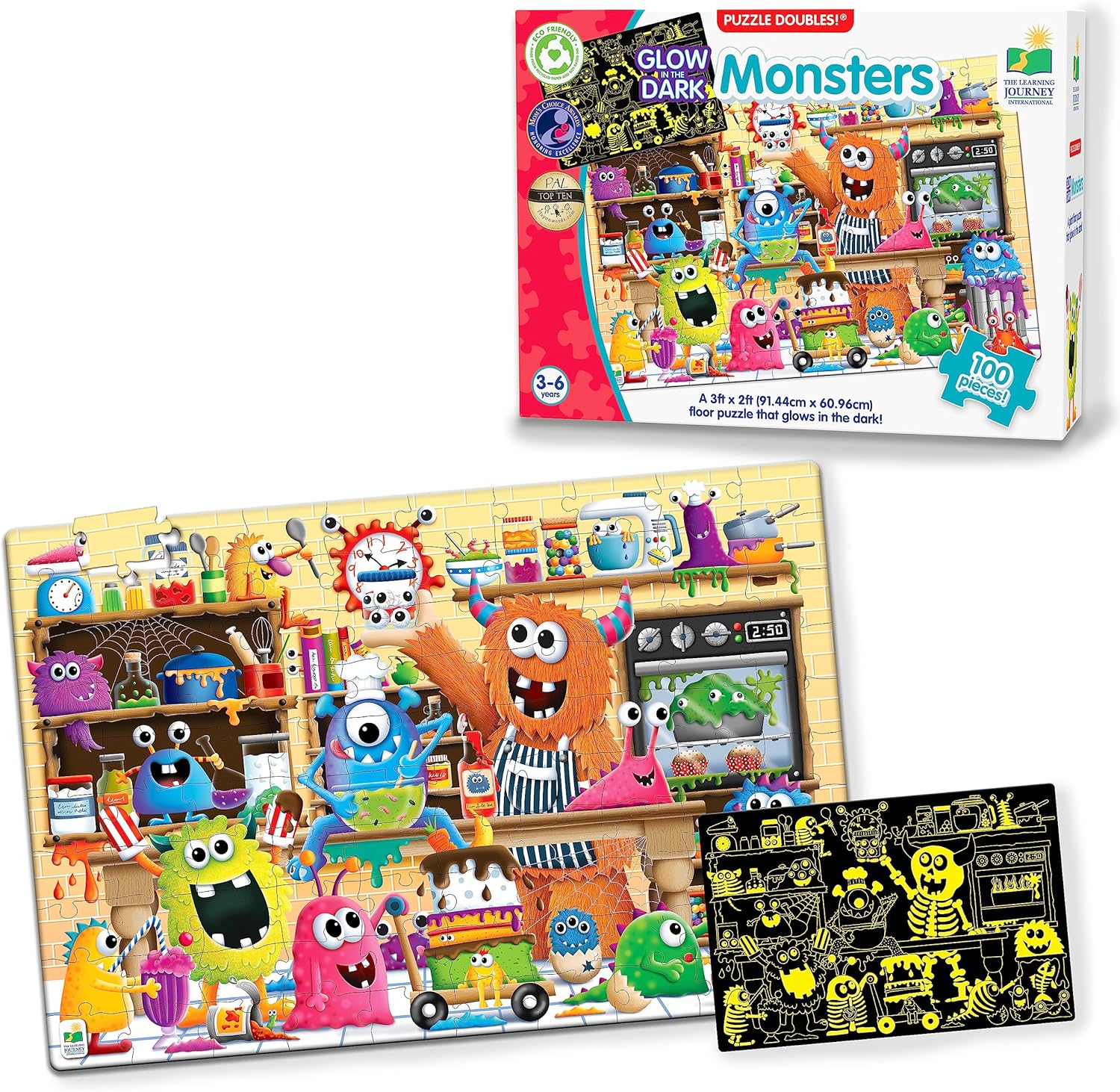 Learning Journey International Puzzle doble que brilla en la oscuridad  Monstruos  Rompecabezas preescolar de 100 piezas que brillan en la oscuridad