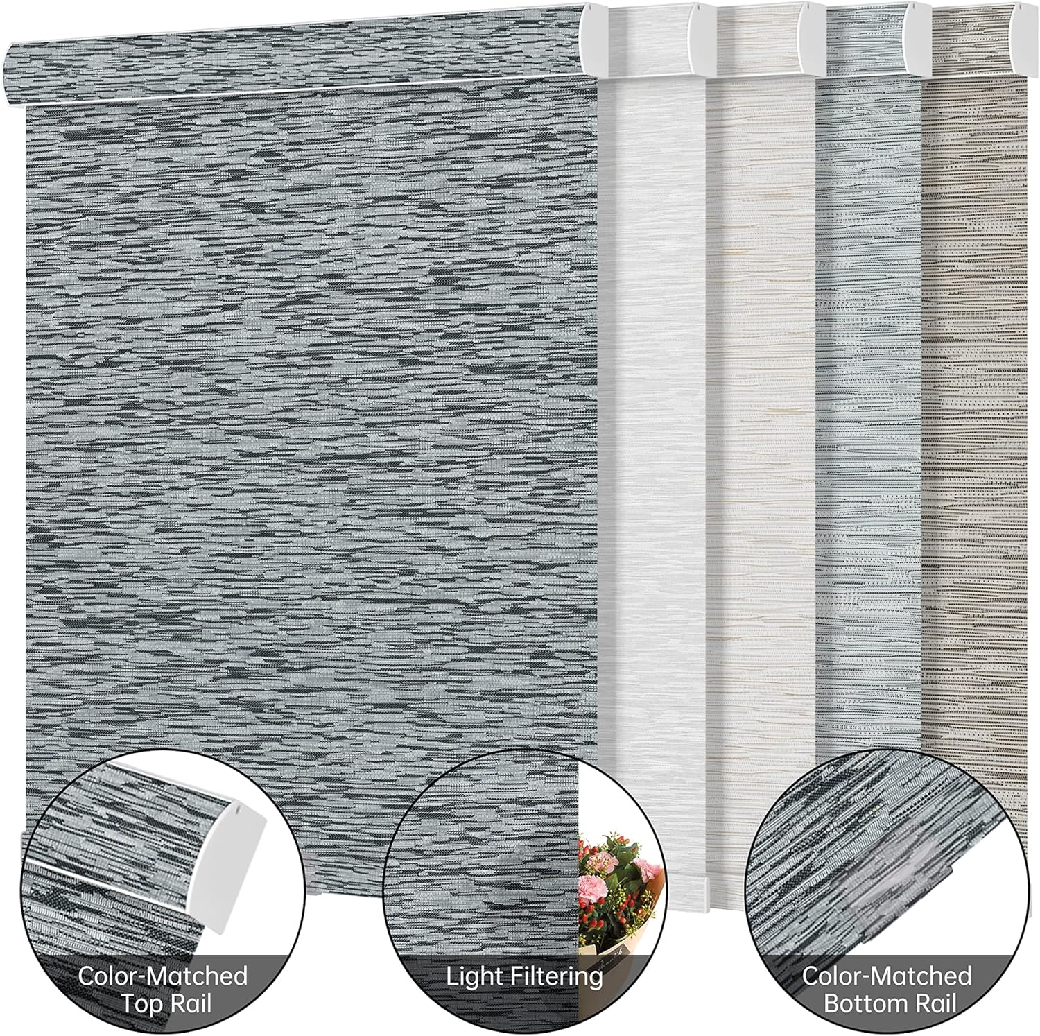 BERISSA – Persianas enrollables con filtro de luz para ventana, persianas solares inalámbricas con jacquard a rayas, tela con aislamiento térmico,